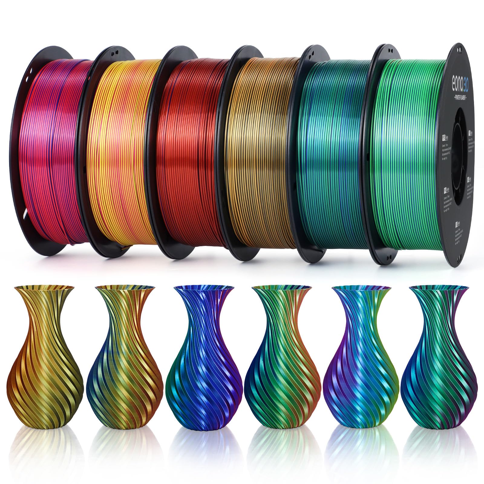 Tri Colors Change Silk PLA 3D Printing Filament， 1.75mm Multicolor Filament, Dimensional Accuracy +/- 0.03mm,6 Packs 6KG Spool(13.2 lbs), Fit Most 3D Printers