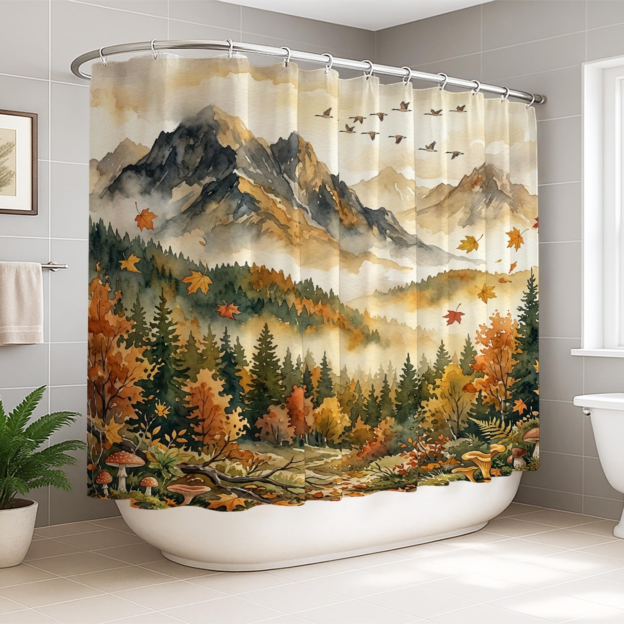Rideau de douche extra large imperméable en tissu 274x183 motif montagne orange pour salle de bain