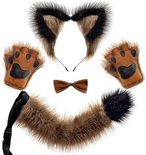 Spooktacular Creations Brown Wolf Ears Tail and Gloves Set, Furry Fox Accessories Set with Tail for Halloween Party Costume Accessories