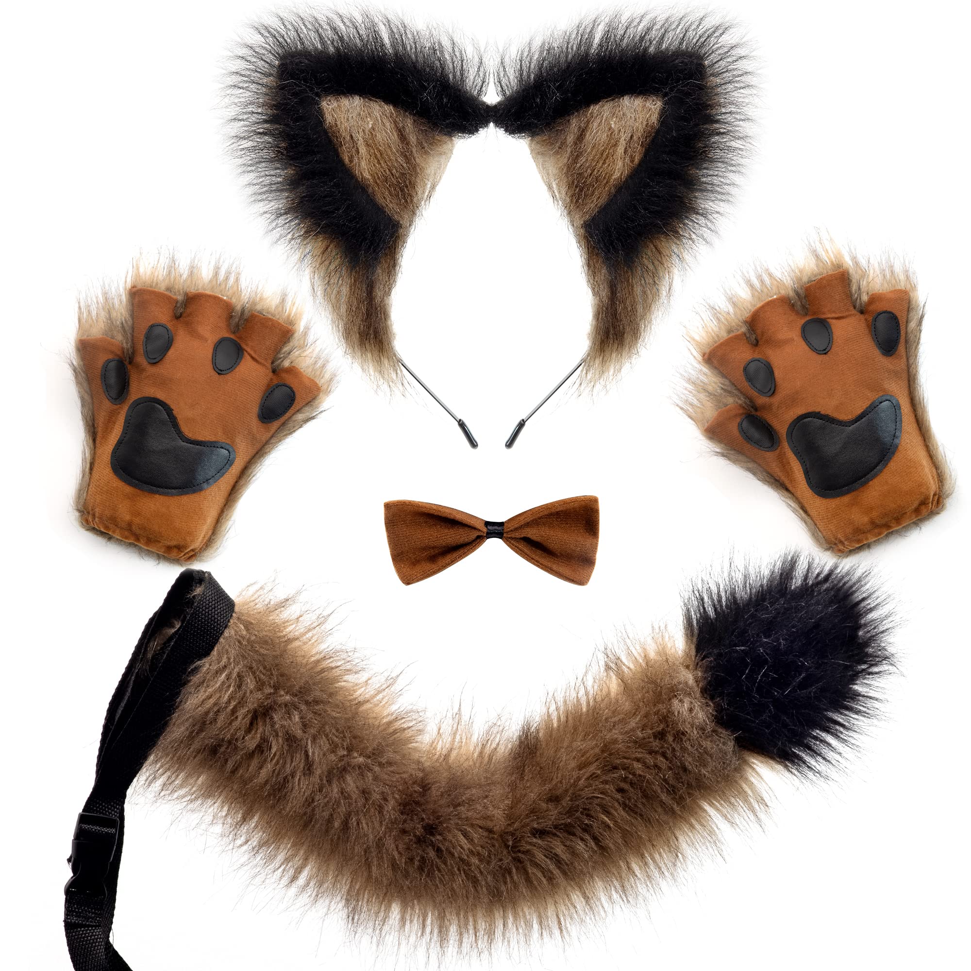 Spooktacular Creations Brown Wolf Ears Tail bow tie and Gloves Set
