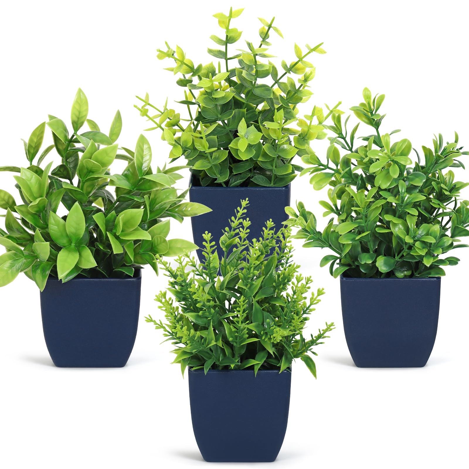 Betylifoy Artificial Potted Plants Mini 4PCS Small Fake Plants Greenery Indoor Decor Eucalyptus Plant Faux Plastic Plants for Office Home Bedroom Living Room Bathroom Desk (4
