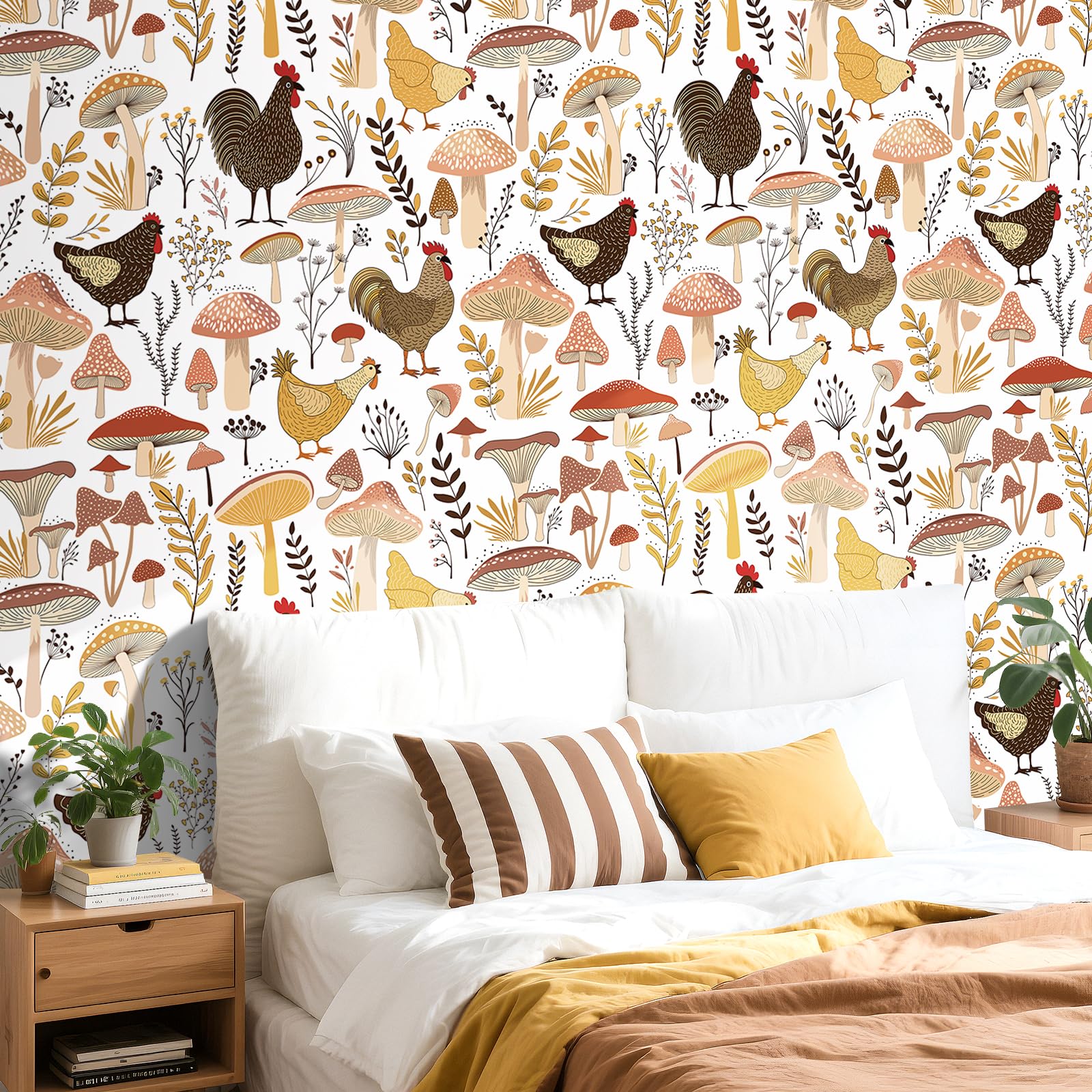 FunStick 44.5CMx9M Papel Pintado Pared Blanco Botanico Setas Vinilos Autoadhesivos para Pared Cocina Salón Vinilo Adhesivo Blanco Beige Papel Adhesivo para Muebles Armario Animales Pollo de Granja