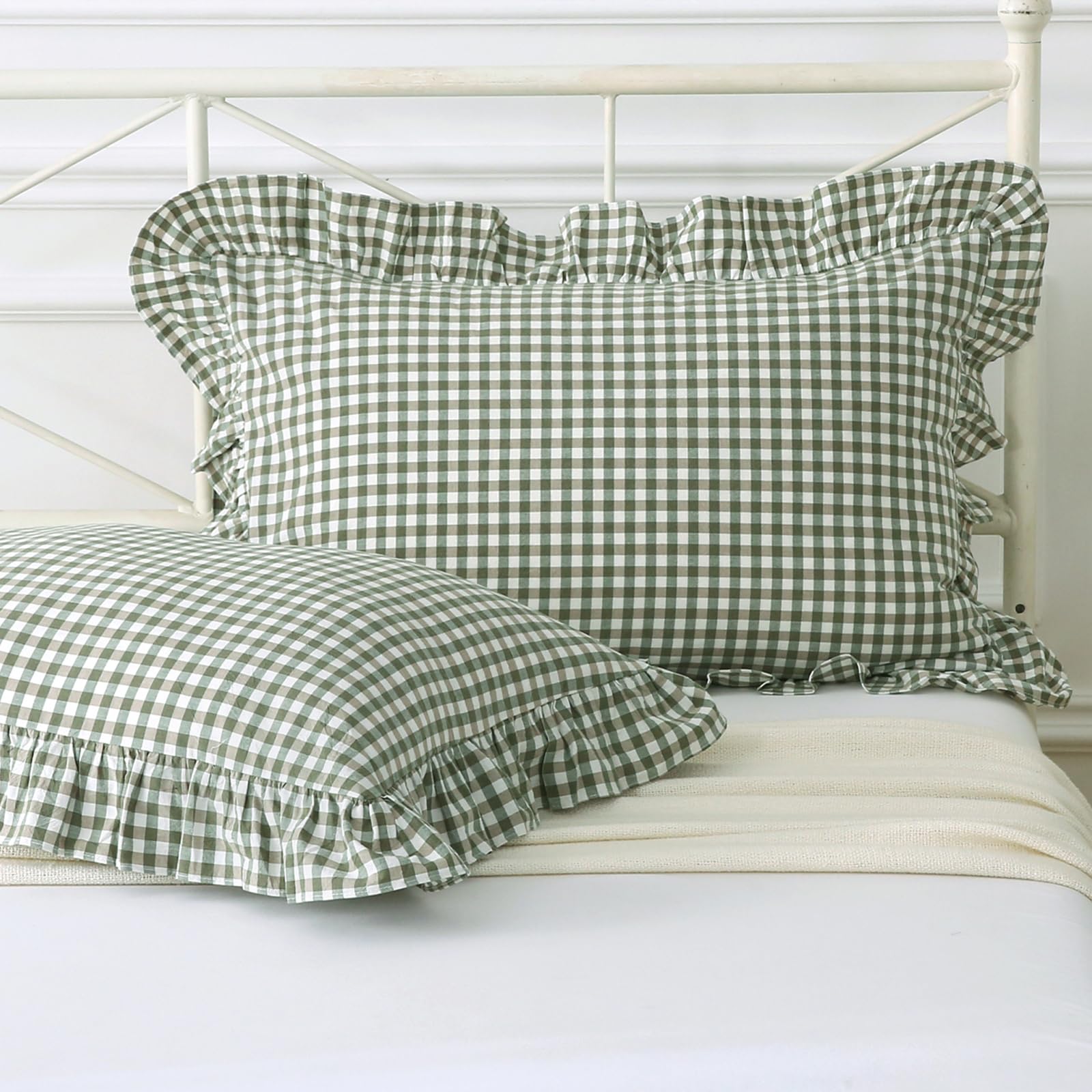 Photo 1 of Silnuo Sage Green/White Plaid Ruffled Queen Size Pillow Shams Set of 2