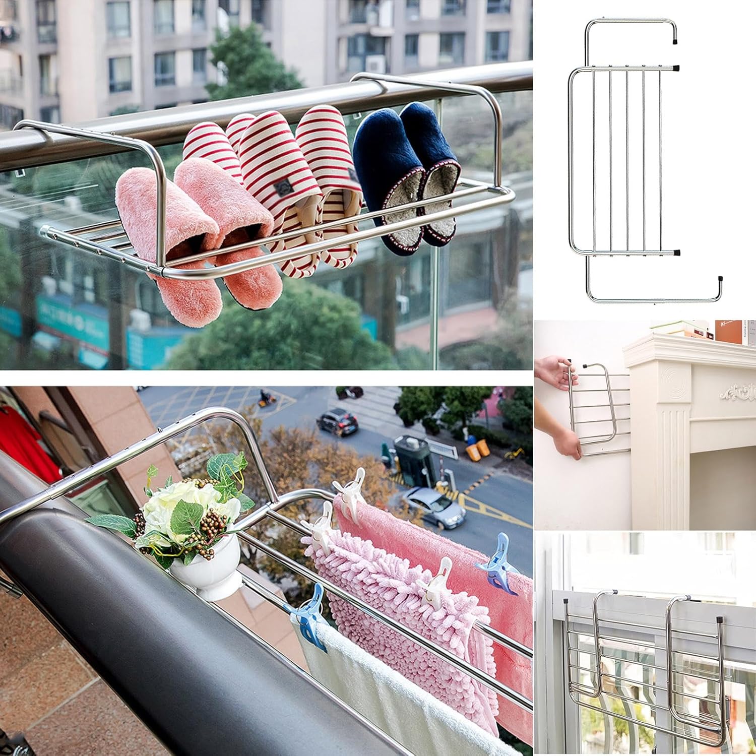 Portable Clothes Drying Rack, Stainless Steel Extendable and Foldable Airer for Indoor Use, Adjustable Hook Length for Balcony Railings and Windowsills