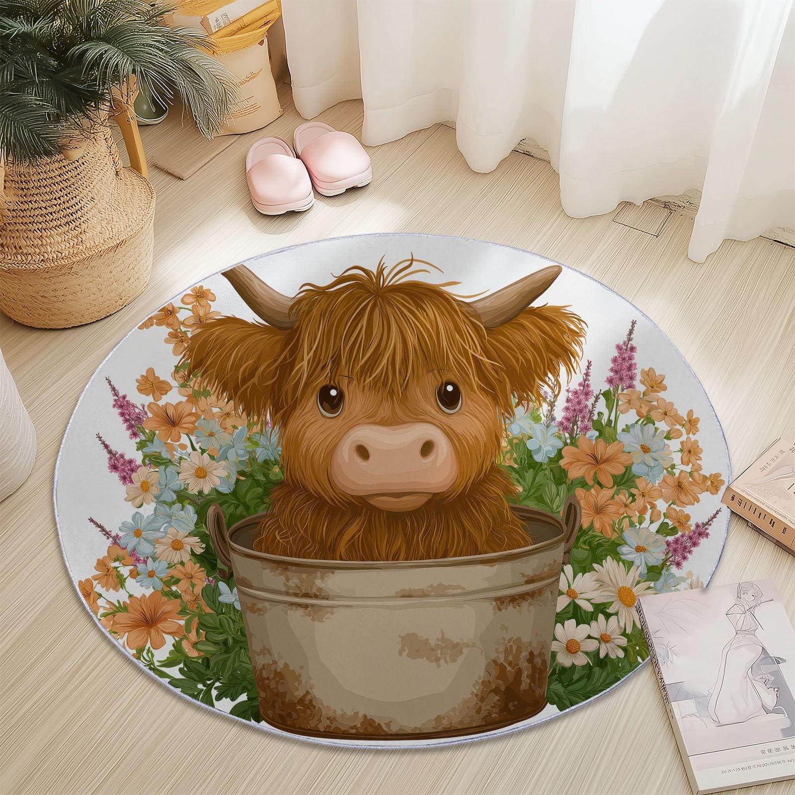 Générique Okrągły dywan Cartoon Highland krowa kwiaty 150 cm, można prać w pralce, do salonu, antypoślizgowy, z nadrukiem, do jadalni, pokoju dziecięcego, żłobka, brązowy