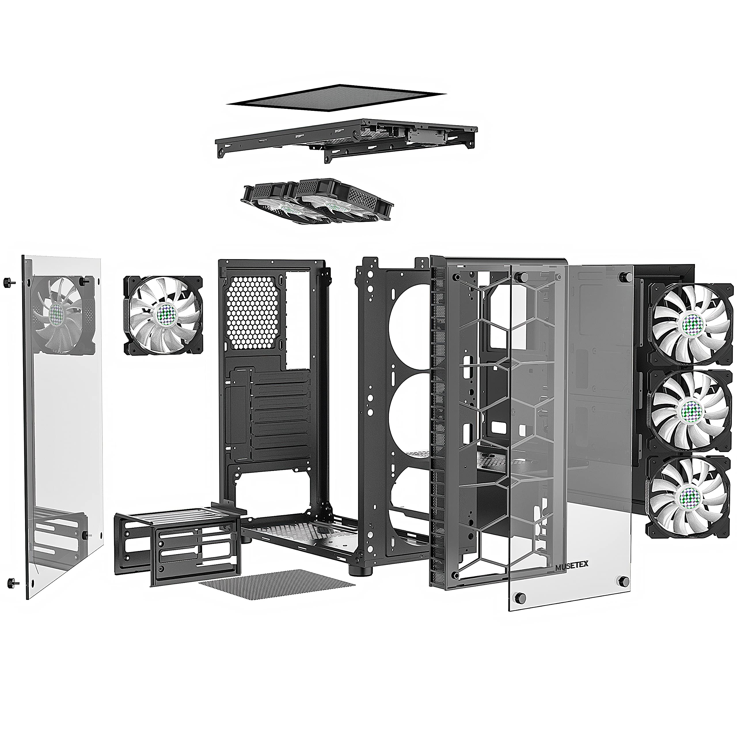 MUSETEX 6pcs ARGB Fans PreInstalled, USB 3.0 Tempered Glass ATX Mid