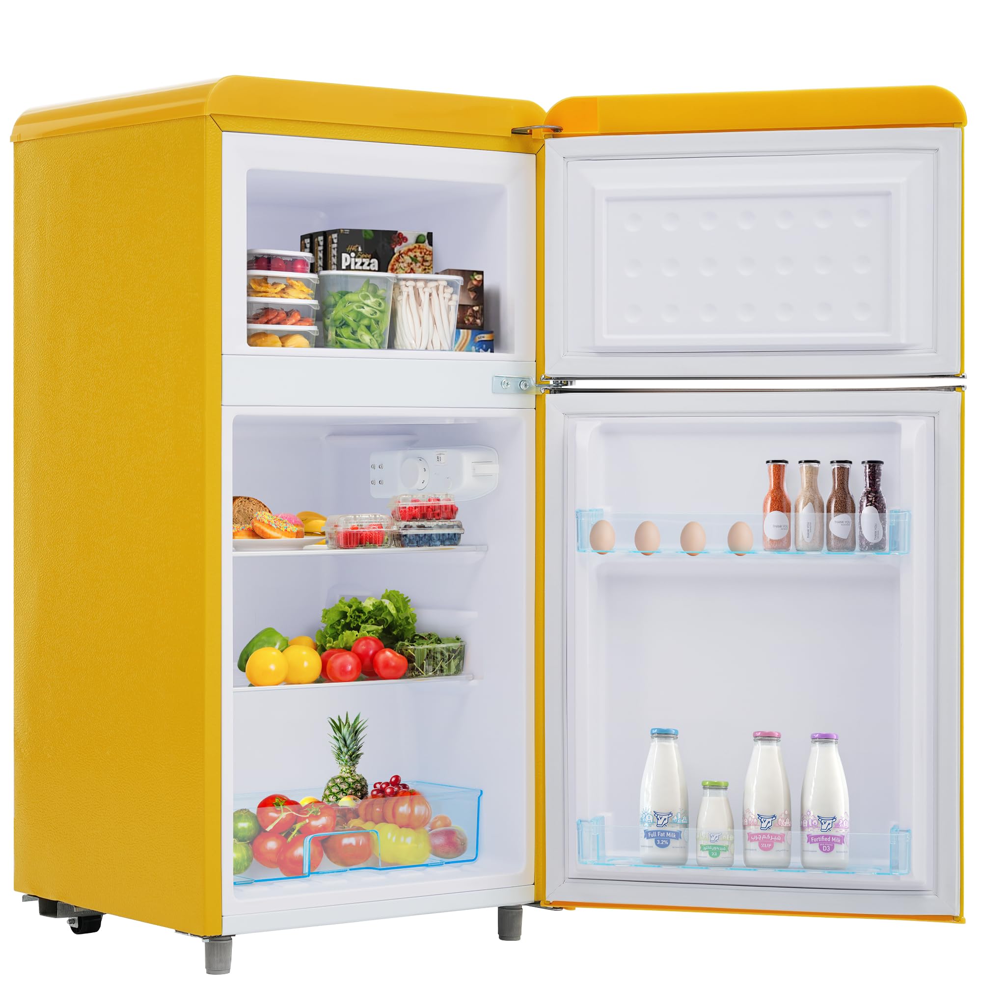 Ymkua Frigorifero Piccolo, Frigorifero Combinato 72 L (21+51), 45x46x91 cm Frigo Da Camera, Mini Frigo Bar con LED luce e Ripiani Rimovibili, Freezer Separato Doppia Porta, 120 kWh/anno (Yellow)