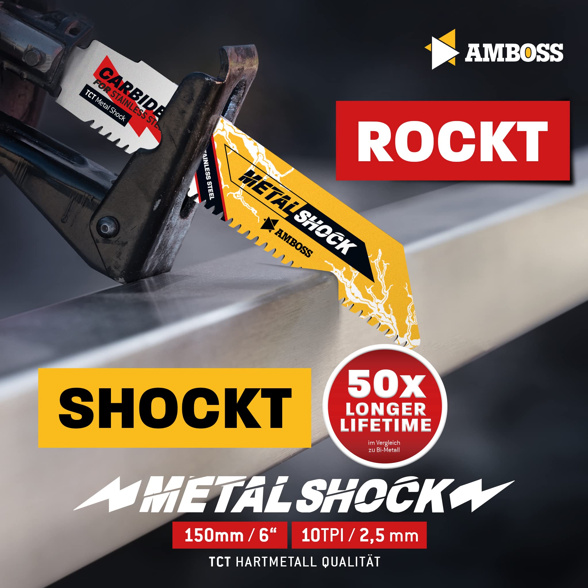 AMBOSS METAL SHOCK - 10 x brzeszczot do piły szablastej długość 230 mm / 10 ZpZ - idealny do odrywania/ montażu / demontażu/budowy rur - nadaje się do stali nierdzewnej oraz stali (rury/profile/nośniki) oraz rur żeliwnych