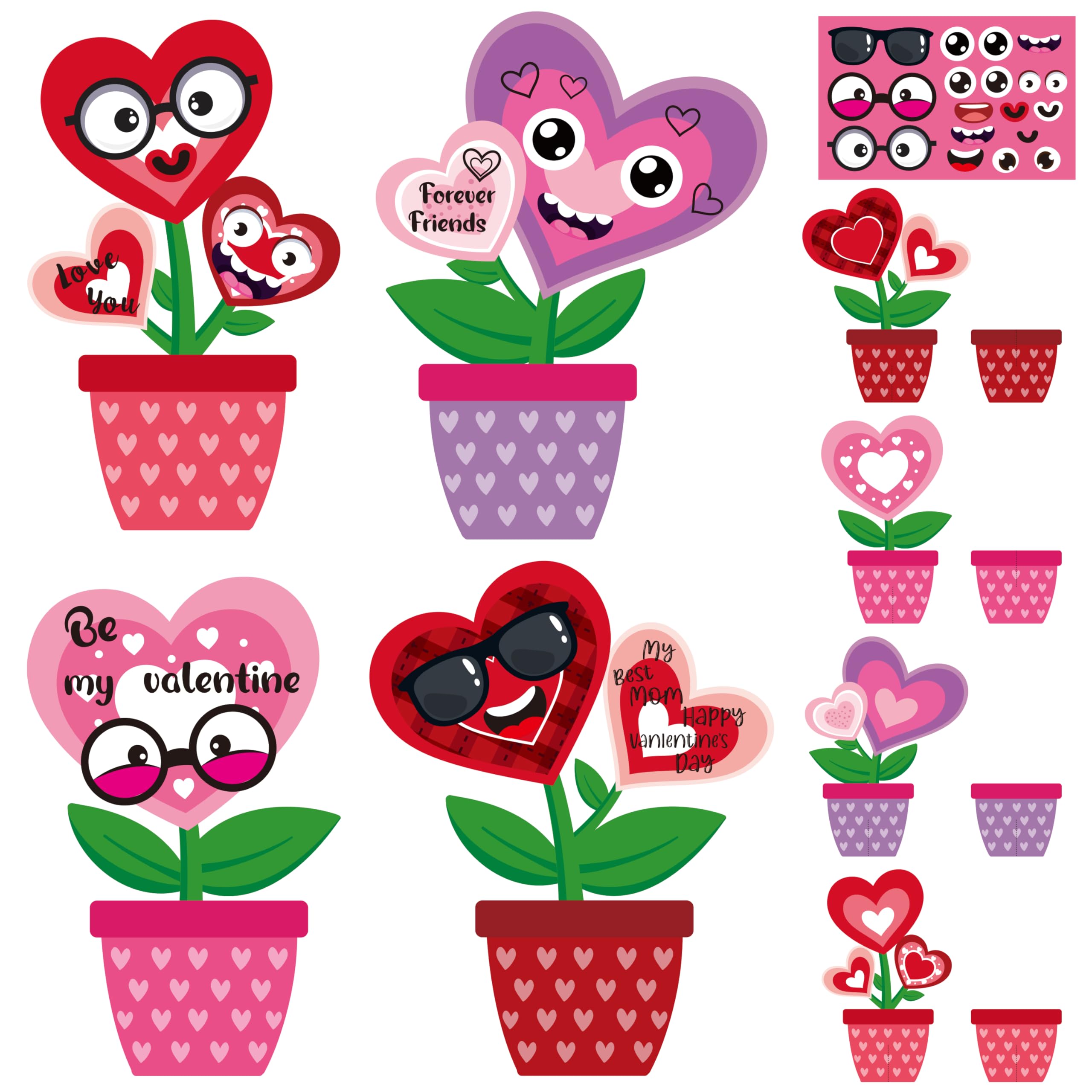 WATINC 32PCS Valentine’s Day Flower Craft Kit, Make Your Own Valentine Heart Flowers Pot Gift Craft Decorations, DIY Art Set Home School Classroom Fun Activities Party Decors for Kids