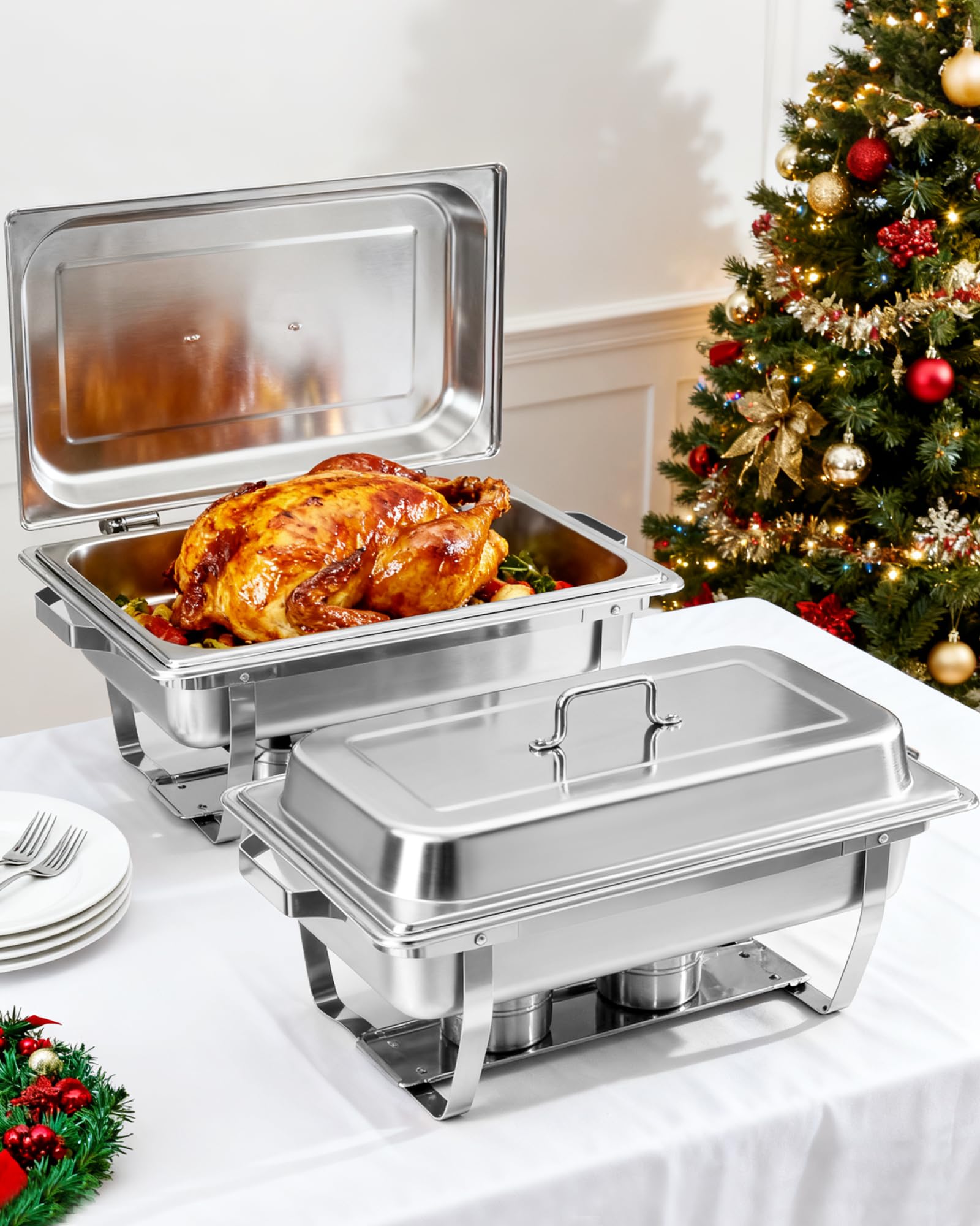 Chafing Dishes Buffet 2pcs, 9L, Scalda Vivande Portatile Rettangolare con Coperchio a Scomparsa [2 Vaschette Intere 4 Mezze Vaschette] Scaldavivande per Feste, Compleanni, Festività, Eventi in Chiesa