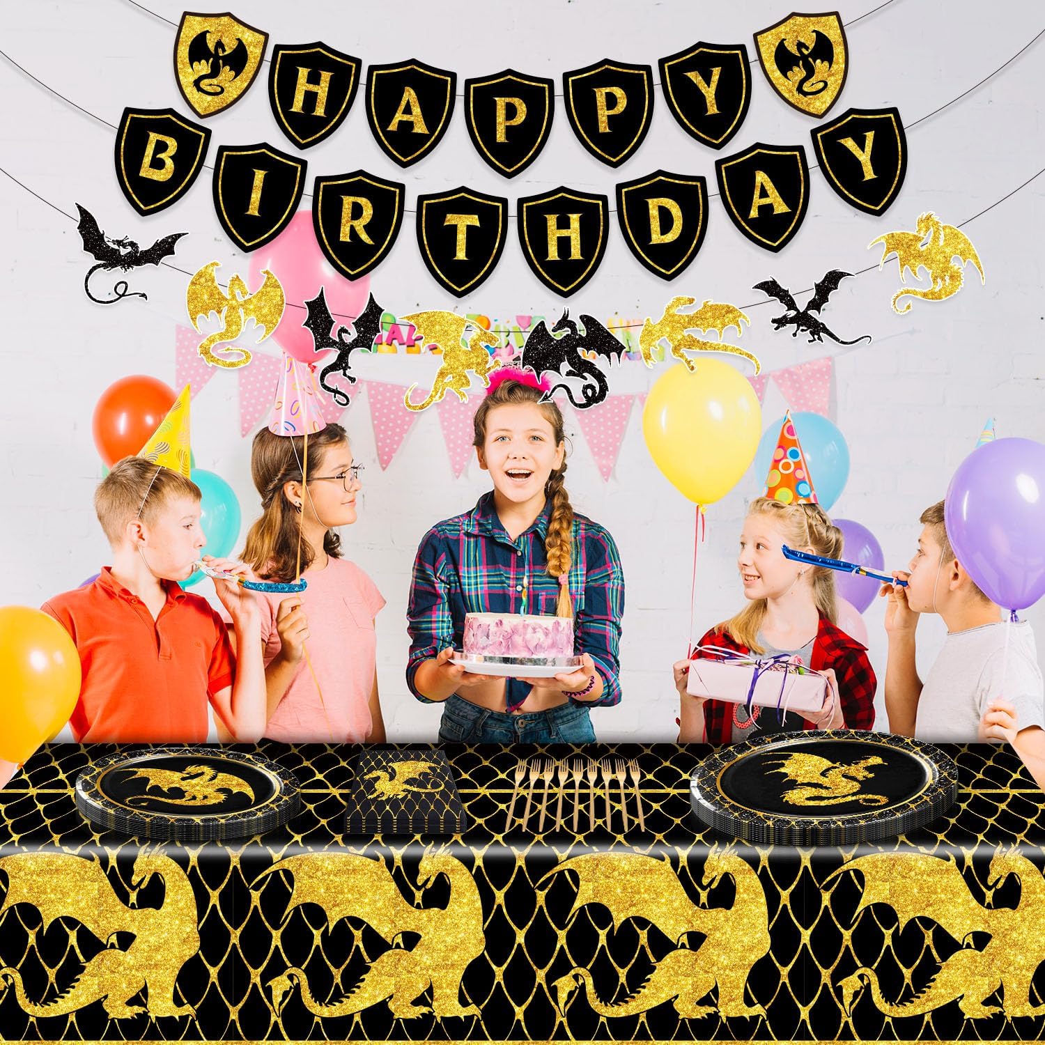 Dragon Birthday Party Decorations，Dragon Party Decorations，Dragon Birthday Party Supplies，Include Banner Tablecloth Plates Napkins Forks - Image 6