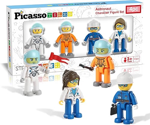 Miniatura 1 de PicassoTiles Figuras de acción magnéticas de personajes de 4 piezas astronauta para bloques de construcción juego de juguetes para niños pequeños