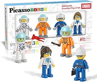 Picasso Toys Magnetic Character Action Figures 4 Piece Astronaut for Building Block Tile Toddler Toy Set Magnet Expansion Pack Age 3 and up Educational STEM Learning Pretend Playset Construction PTA17