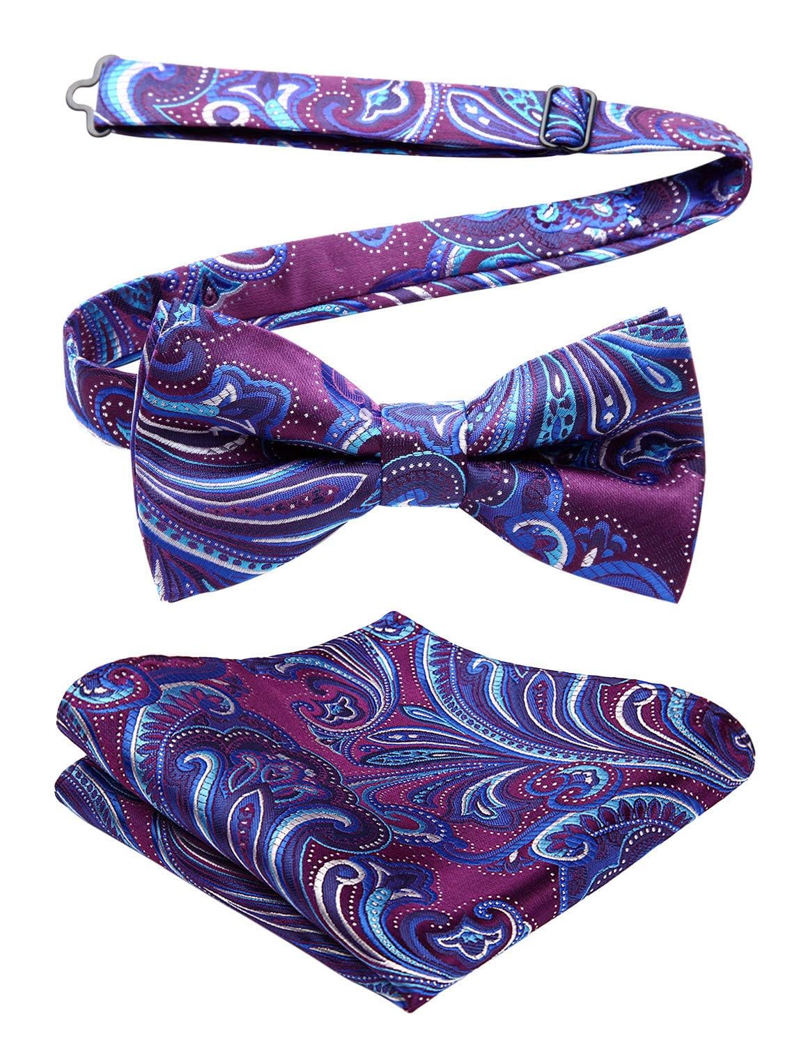 HISDERN Bow Ties for Men Paisley Floral Pre-tied Bowtie Pocket Square Set Men's Formal Bow Ties Wedding Party