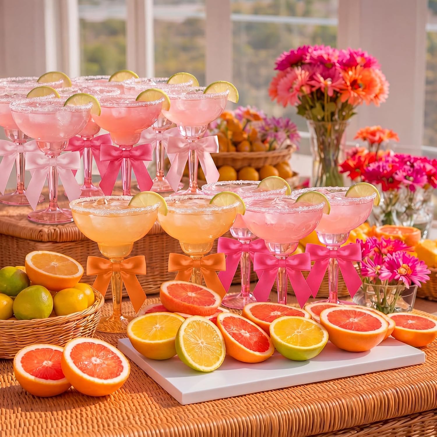 LemonRoad 24 Set Pink and Orange Margarita Cups Sunset Party Supplies 12 oz Disposable Plastic Margarita Glasses with Bows Colorful Cocktail Cups for Wedding Bridal Shower Birthday Decoration