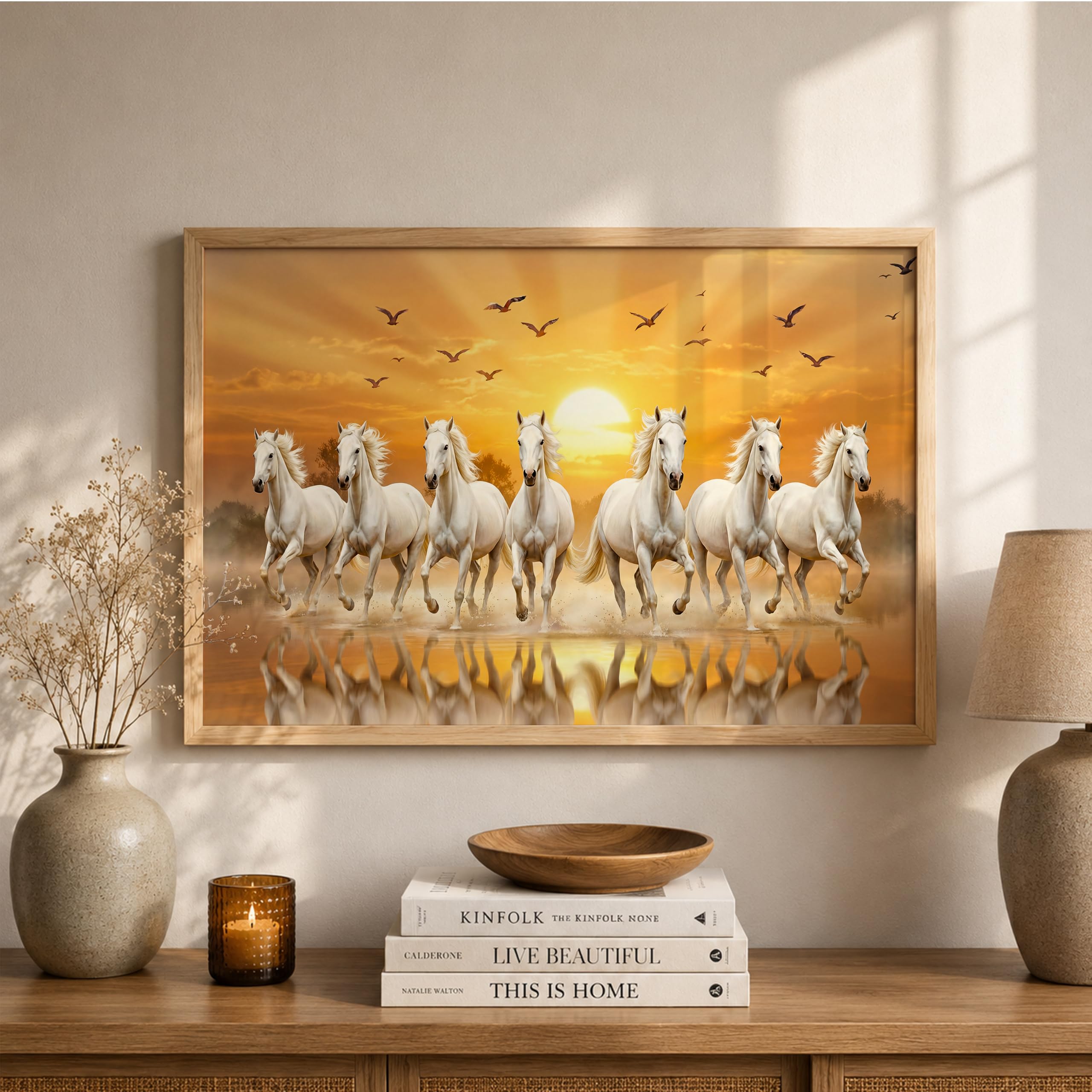 7 White Horse Vastu Wall Painting – Running Horses Golden Sunrise Landscape Framed Wall Art for Living Room & Office Decor (Natural, Design 11, 13x19 Inch)-image-25