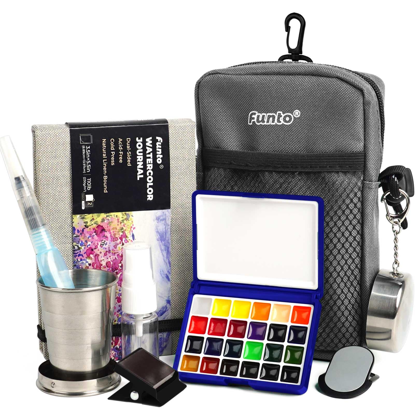 Funto Kit de Acuarelas de Viaje Profesional - 24 Colores de Alta Pigmentación, Set de Pintura Portátil con Bolso Cruzado, Bloc de Dibujo - Mini Set Todo en Uno para Artistas y Paisajismo al Aire Libre
