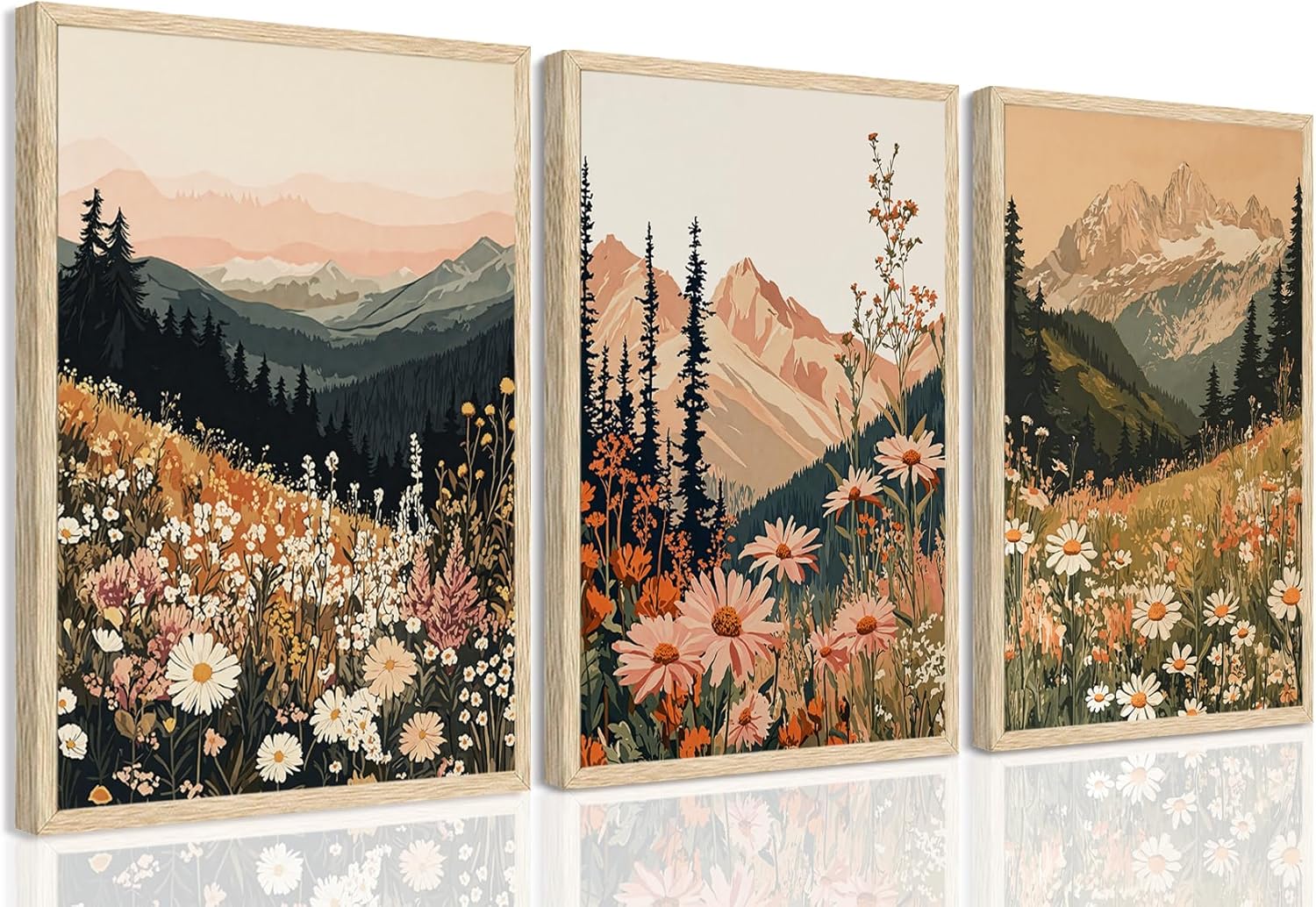 YUFEIART Boho Colorful Landscape Wall Art Set of 3, Vintage Wildflower Mountain Canvas Wall Decor Paintings, Rustic Nature Floral Pictures Prints for Living Room Bedroom 12x16 Inch OKA Wood Framed