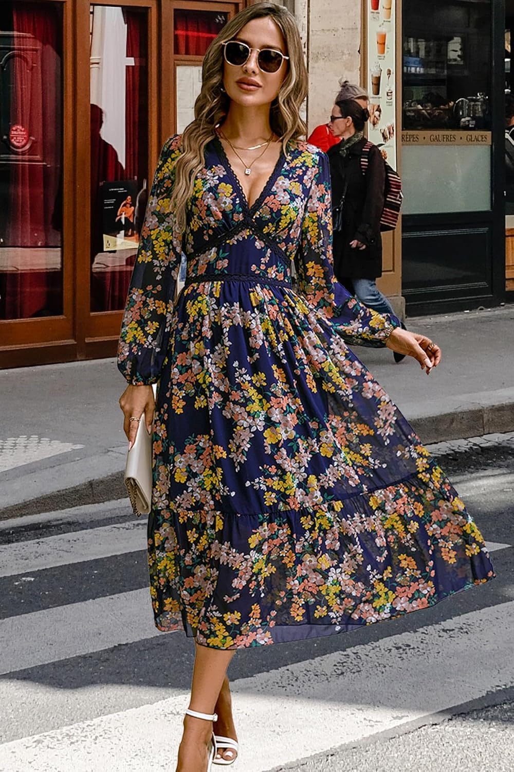 Women's Spring Wrap Maxi Dress Floral V Neck Long Sleeve Wedding Guest Party Casual Chiffon Dress - Image 2