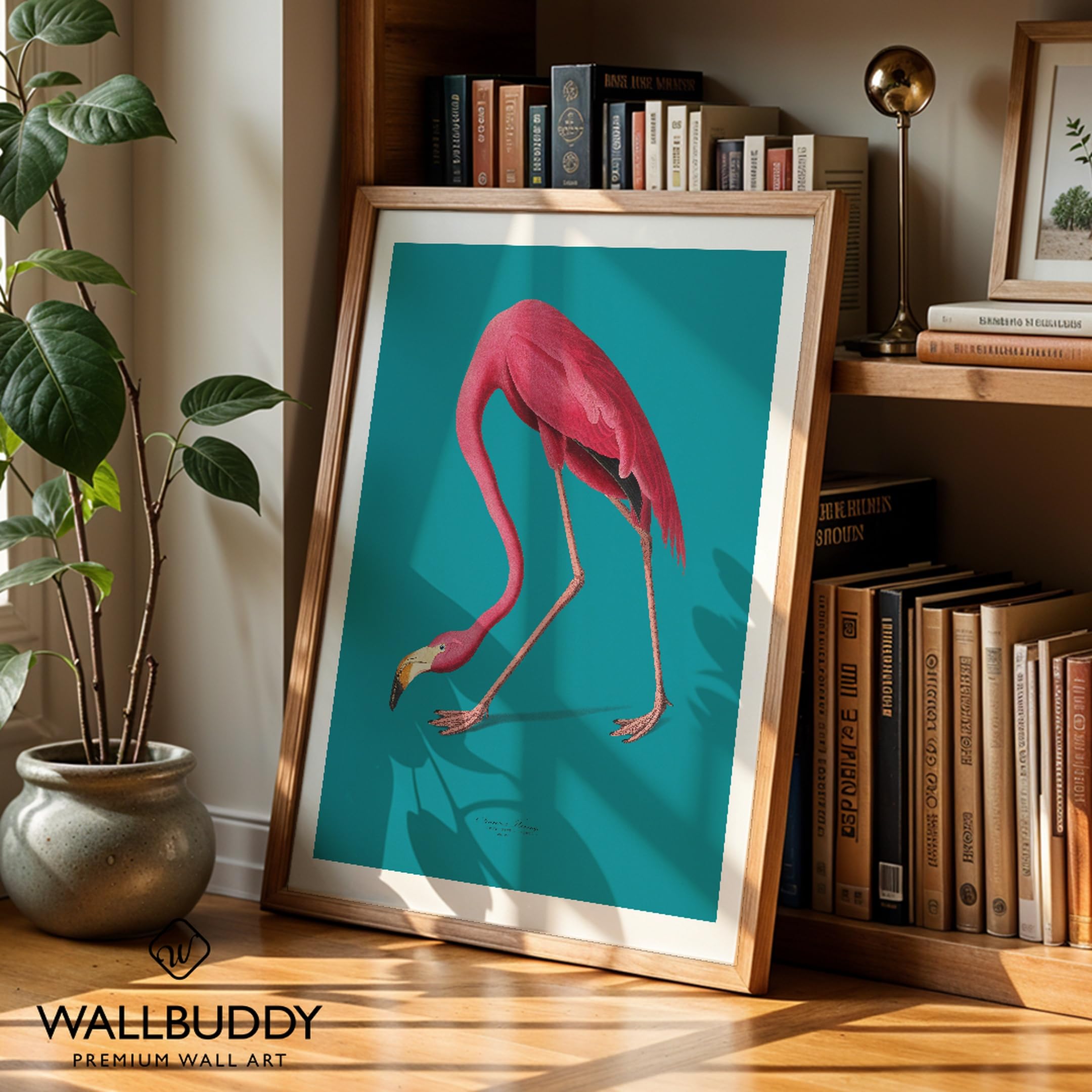 WallBUddy Flamingo Illustration Wandkunst Druck (30 x 40 cm, Eichenrahmen)