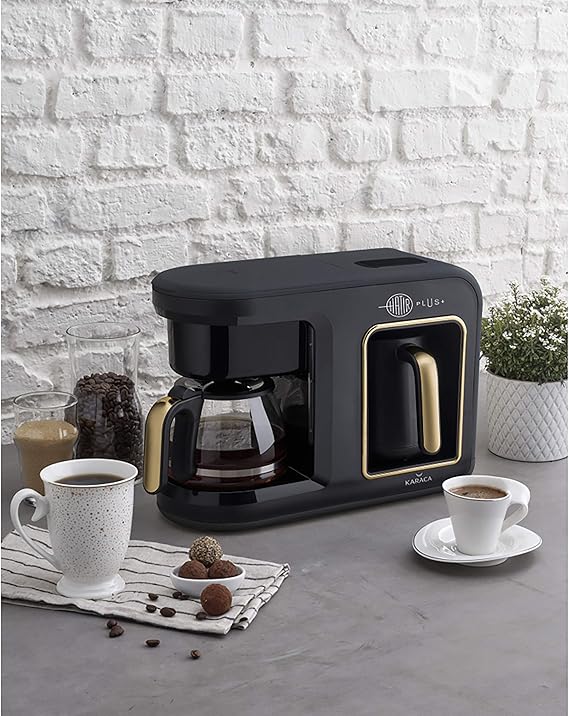 Karaca Hatir Plus 2 In 1 Filter Coffee Turkish Coffee Machine Black Copper For 5 People 1385 W Stainless Steel Filter Glass Jug Fully Automatic Coffee Machine Amazon De Home Kitchen