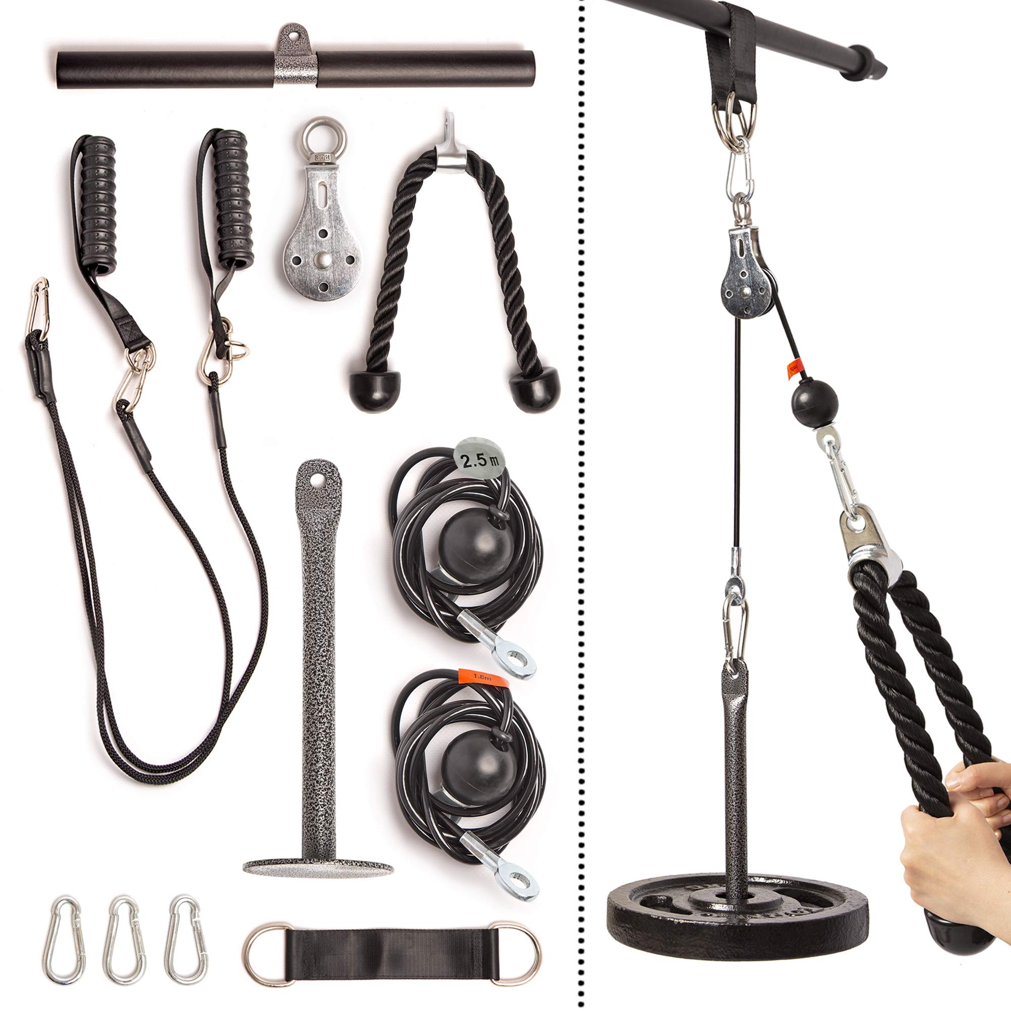 Fitness Cable Pulley System Gym. at Home Cable Machine Exercise Pulley Wheel with (3X) Rope, Bar, and Chest Handles Attachments for LAT Pull Down, Cable Crossover, Tricep, Biceps and More!