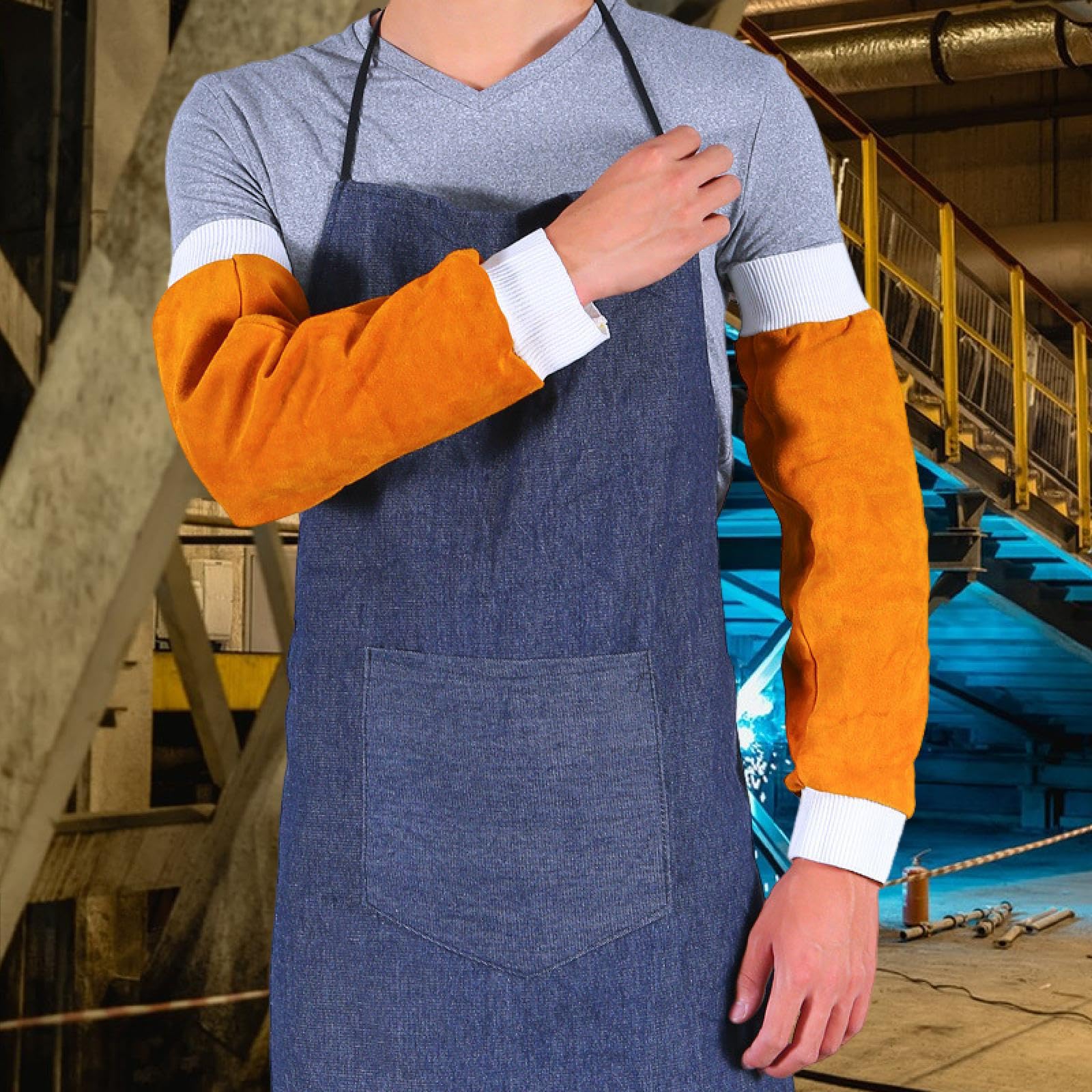 Manguitos de soldadura, protección contra el calor y las chispas, 57 cm, piel sintética, protección contra el calor y las chispas para soldadura y molienda