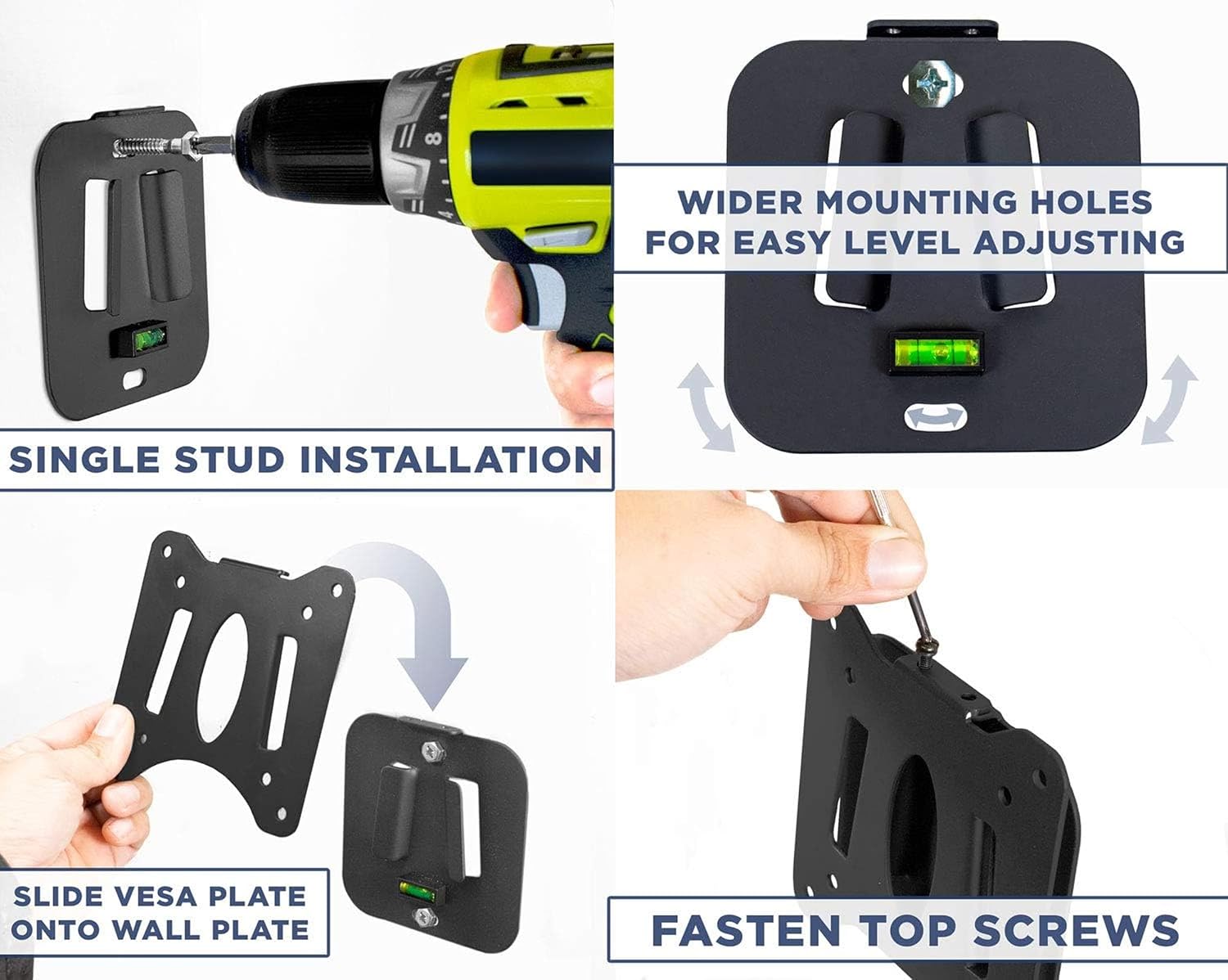 Diagram showing how to measure VESA mounting holes on a TV to check compatibility with 75x75mm and 100x100mm patterns.