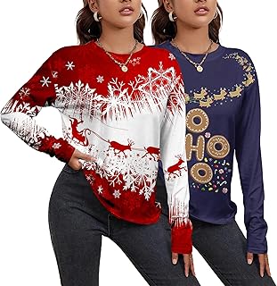 MioRoim Womens 2 Pack Tshirt Christmas Round Neck Long Sleeve Tshirt for Women,Reindeer Print Long Sleeve Christmas Tops