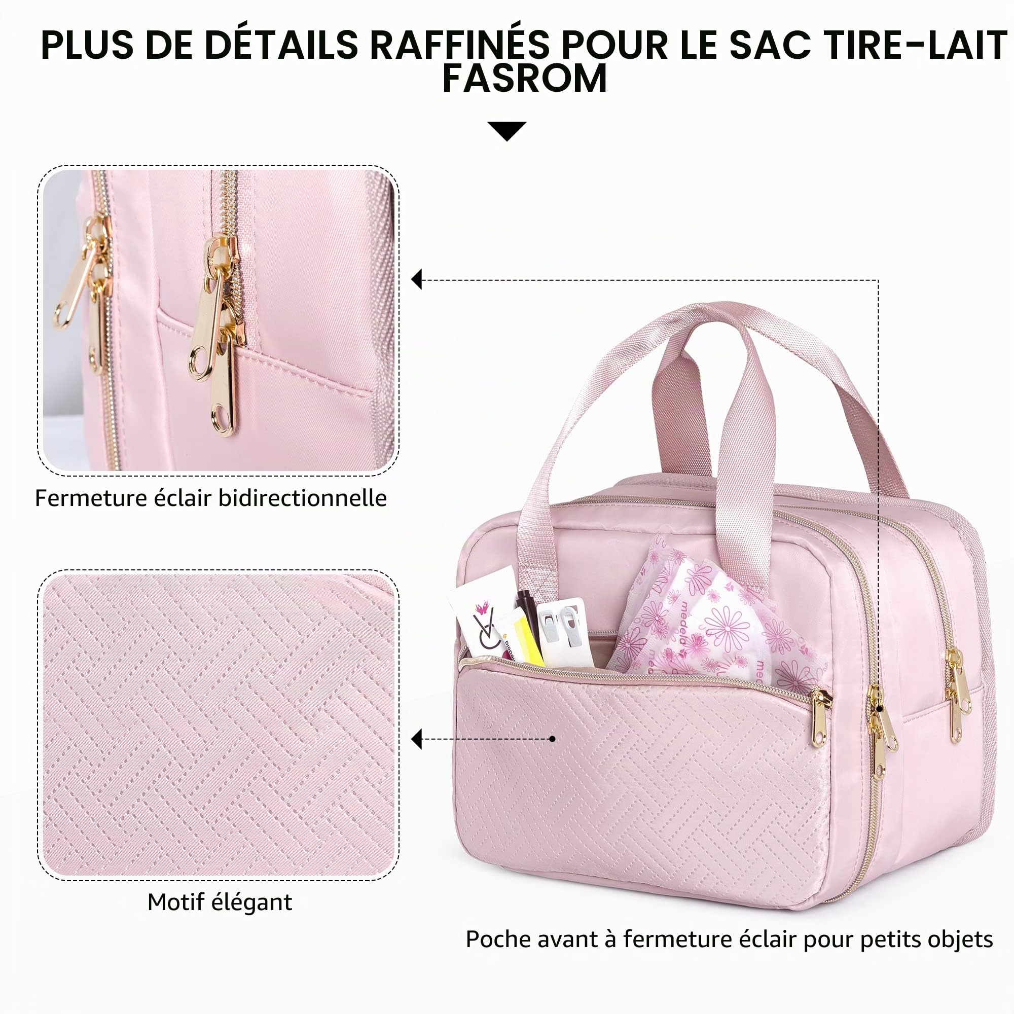 Fasrom Sac pour tire-lait portable avec glace compatible avec les tire-laits mains libres Elvie et Medela Pump in Style, étui de transport pour tire-lait portable pour les mamans qui travaillent, Rose