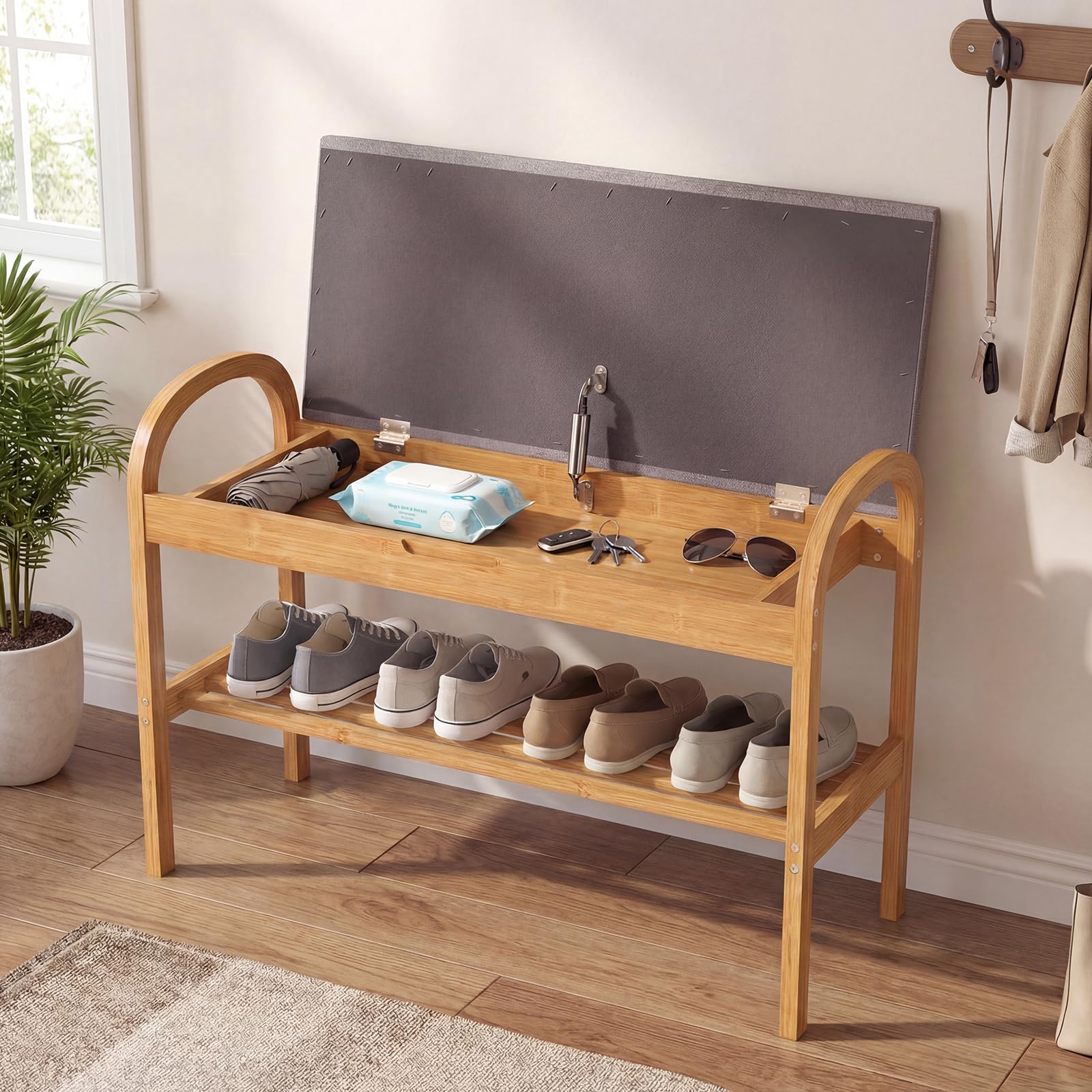SOARS Panca Scarpiera da Ingresso in Legno Bambù 2 Livelli con Contenitore | Panca Imbottita Porta Scarpe per Corridoio, Camera da Letto e Soggiorno, Carico 150 kg, 70 x 30 x 51 cm