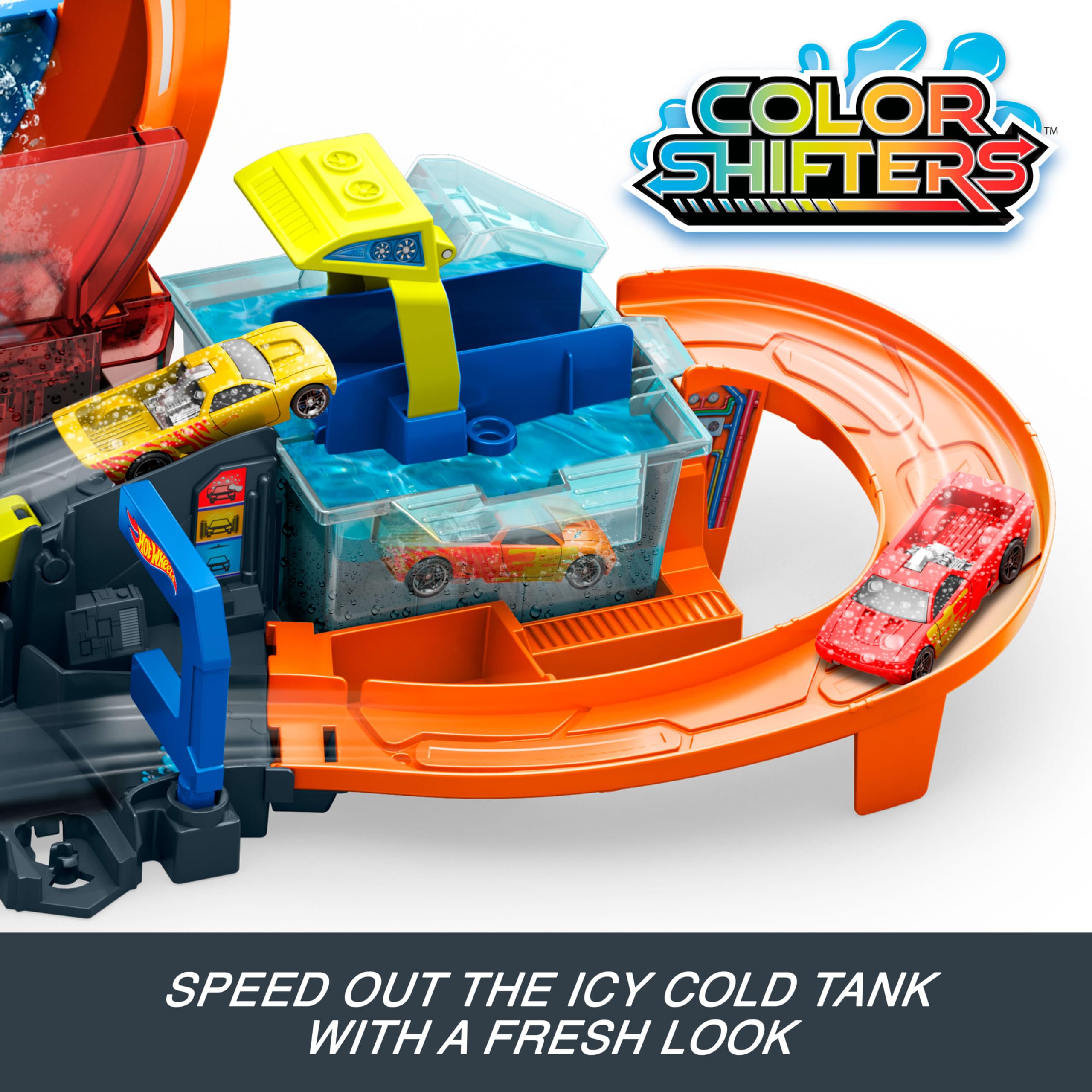Hot Wheels City Mega Loop Lavado de Coches y Vehículo Cambia Color | Circuito con vehículo de escala 1:64 que cambia de color con agua caliente o fría, ideal para acrobacias y carreras, JTC56