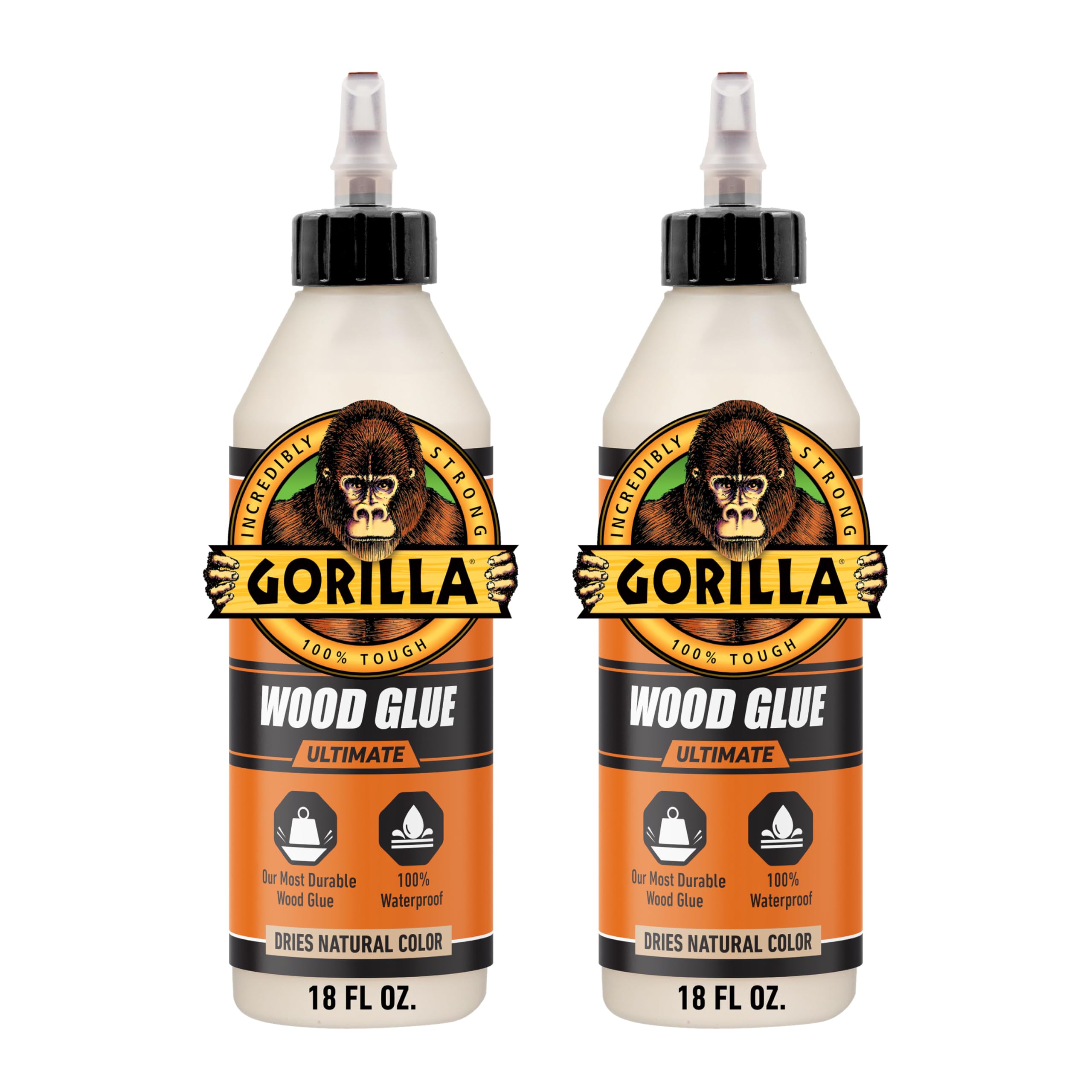 Gorilla Ultimate Waterproof Wood Glue, Natural Wood Color, 18 Ounce (Pack of 2) - Waterproof for Indoor or Outdoor Projects and Repairs