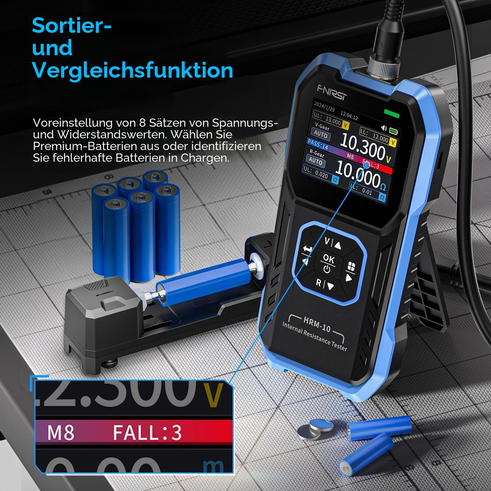 FNIRSI HRM-10 Batterietester für Innenwiderstand und Spannung, Milliohm-Messgerät 100V, 200 Ω, Autobatterietester, Prüfgerät für AAA, AA und alle Batterietypen, Haushaltsbatterie-Analysator