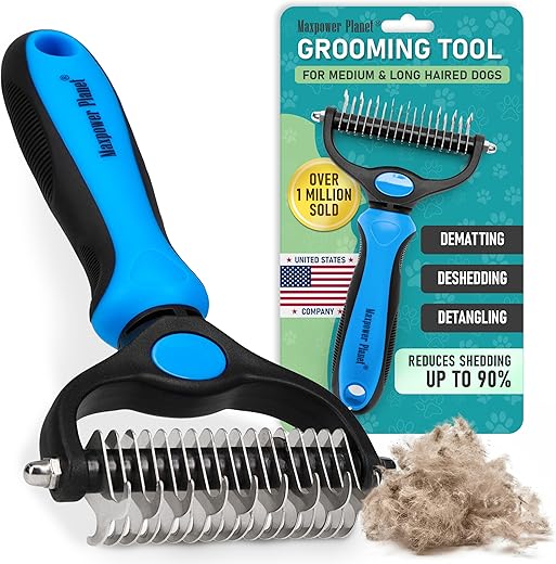 Maxpower Planet Pet Grooming Brush – Double Sided Shedding and Dematting Undercoat Rake for Dogs and Cats – Extra Wide Dog Grooming Brush, Dog Brush for Shedding, Cat Brush, Dog Brush, Pet Comb, Blue