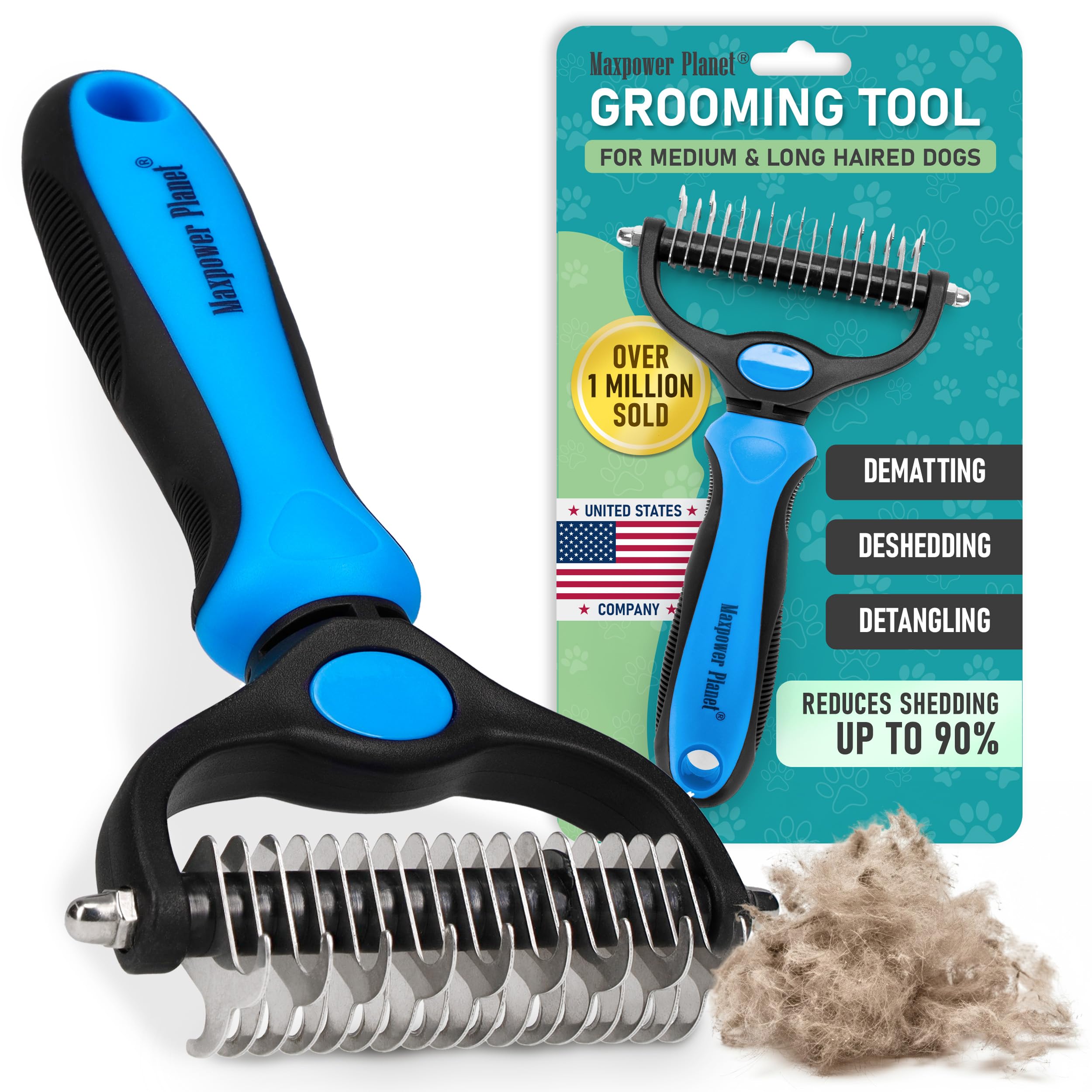 Maxpower Planet Original Pet Grooming Rake - Double-Sided Deshedding Dematting Tool, Undercoat Rake for Dogs & Cats, Extra-Wide Dog Grooming Brush & Deshedder Comb for Long Hair, Reduces Shedding 95% Blue