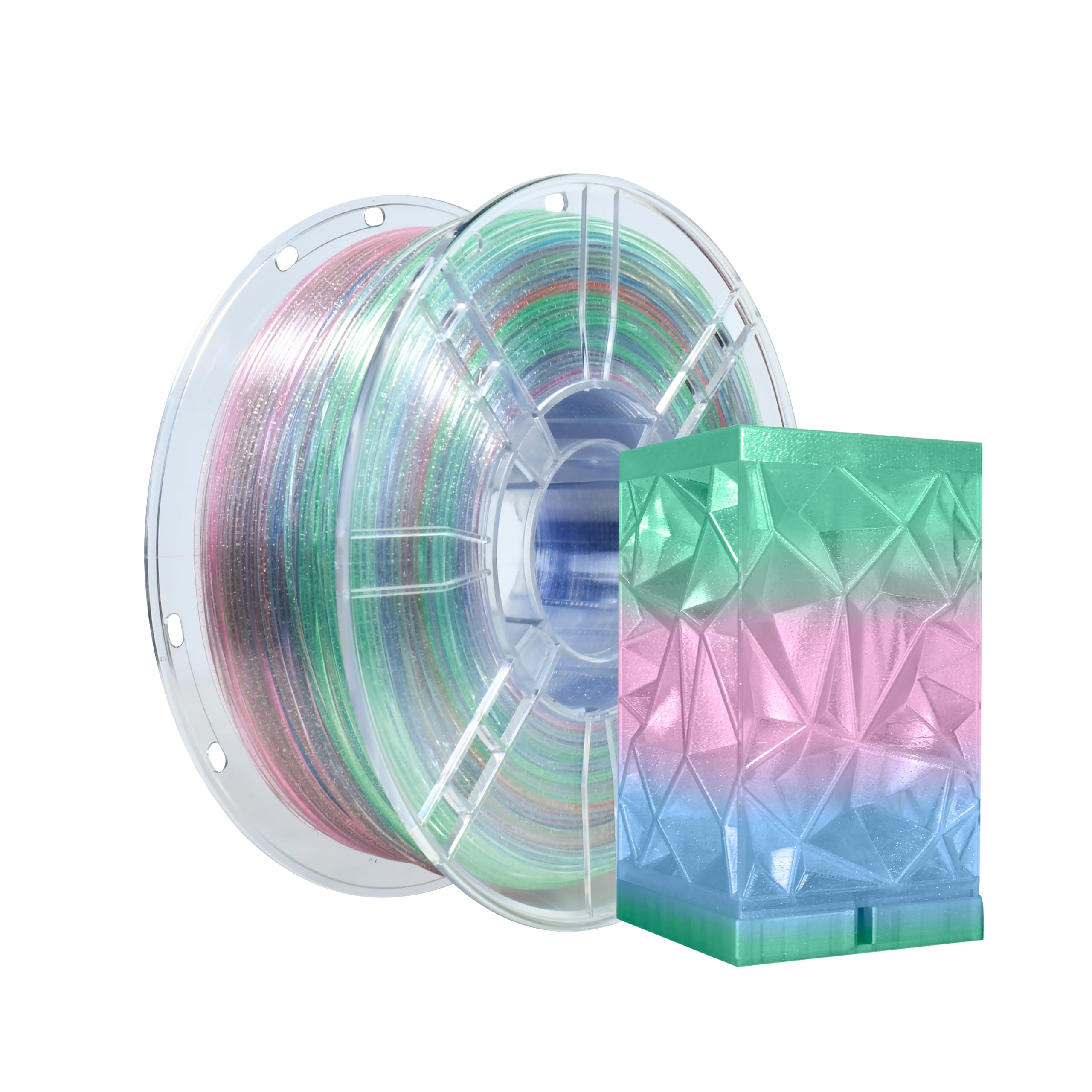 iBOSS Glitter 3D Printer Filament Clear PLA Plus, Multicolor Transparent Transition Glitter Filament, Gradient Pink Blue Green PLA+ Filament, 3D Printing Filament 1KG, Fit Most FDM 3D Printers
