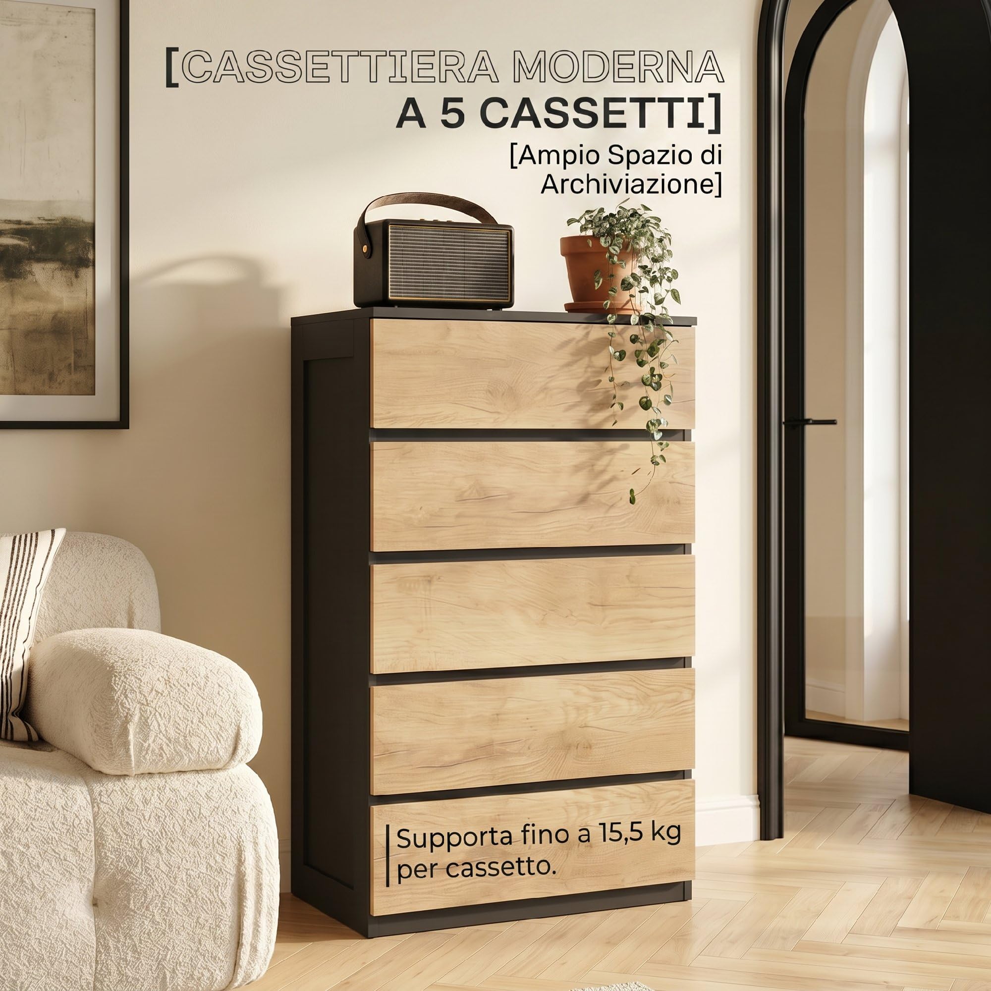 HOMCOM Cajonera dormitorio 5 cajones cómoda 60 x 39 x 100 cm negro roble | Cómoda de madera para dormitorio, sala de estar, comedor, pasillo