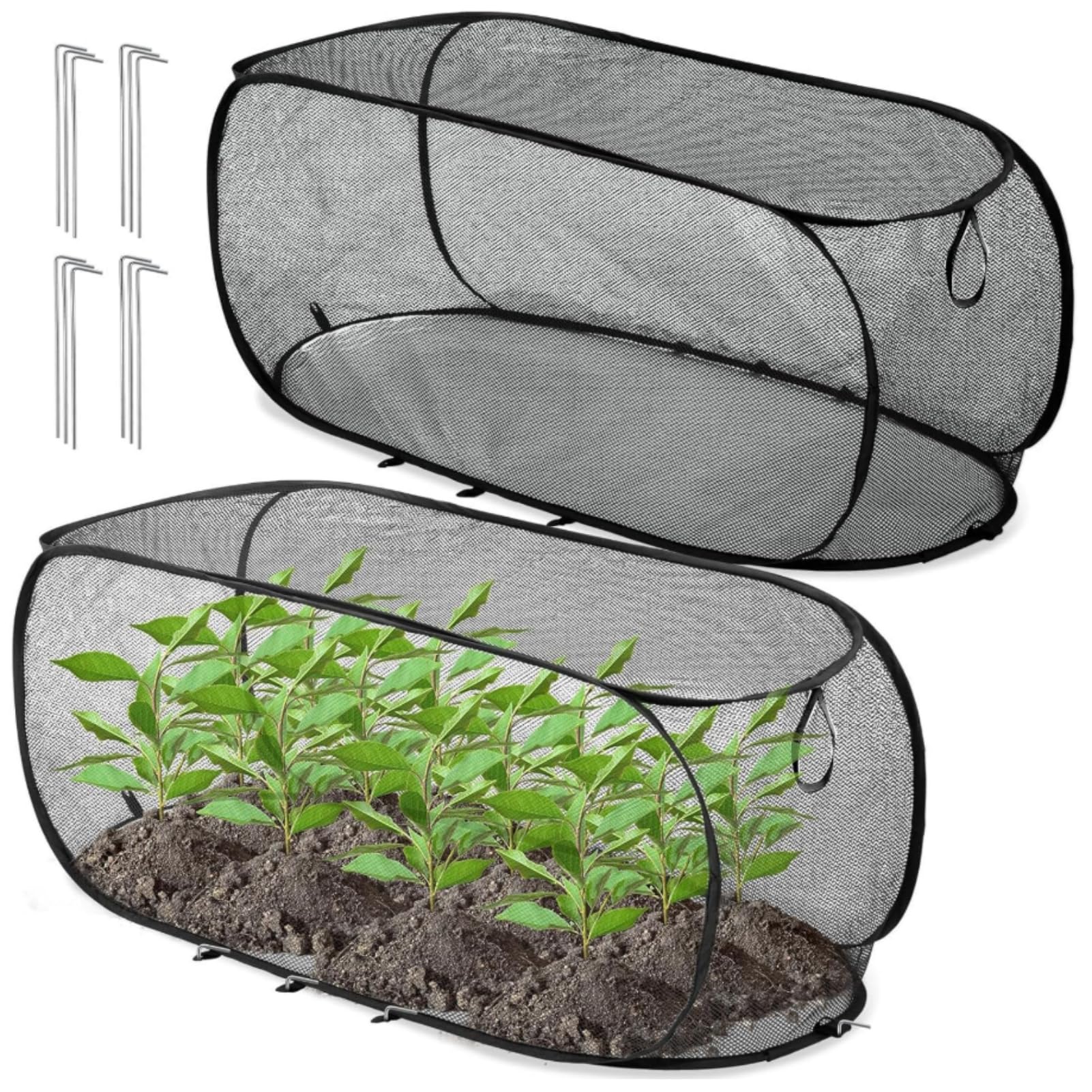 Ciobz 2Pcs Black Pop-Up Mesh Plant Cover, Foldable Fruit Cage Netting With Ground Nails, Plant Protection Tent For Strawberry Tomato, Anti-Bird Insect Netting For Garden (2Pcs Black)