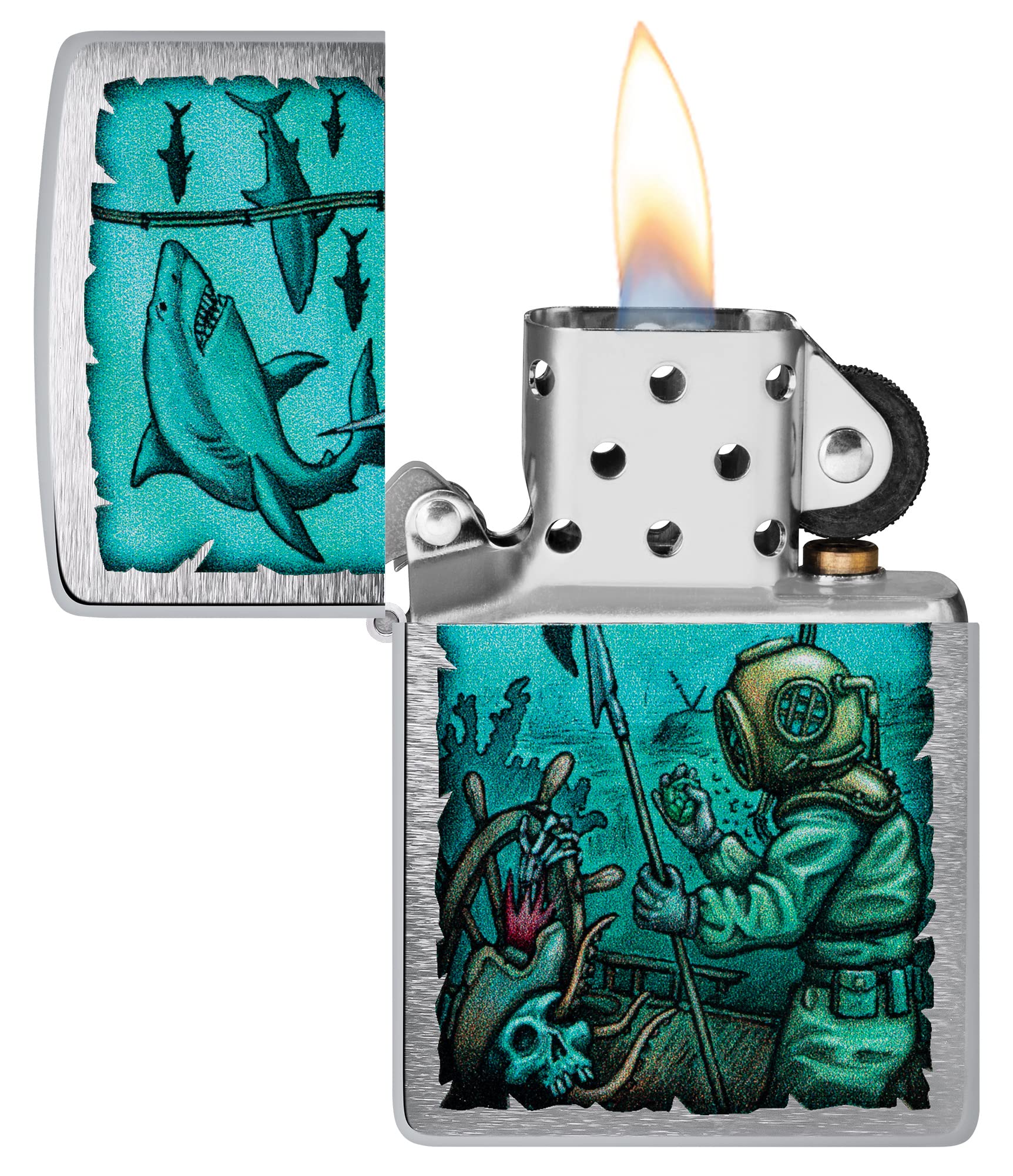 Zippo Shark Nautical Design Brushed Chrome Pocket Lighter, Deep Sea Diver Shark Brushed Chrome - Image 3
