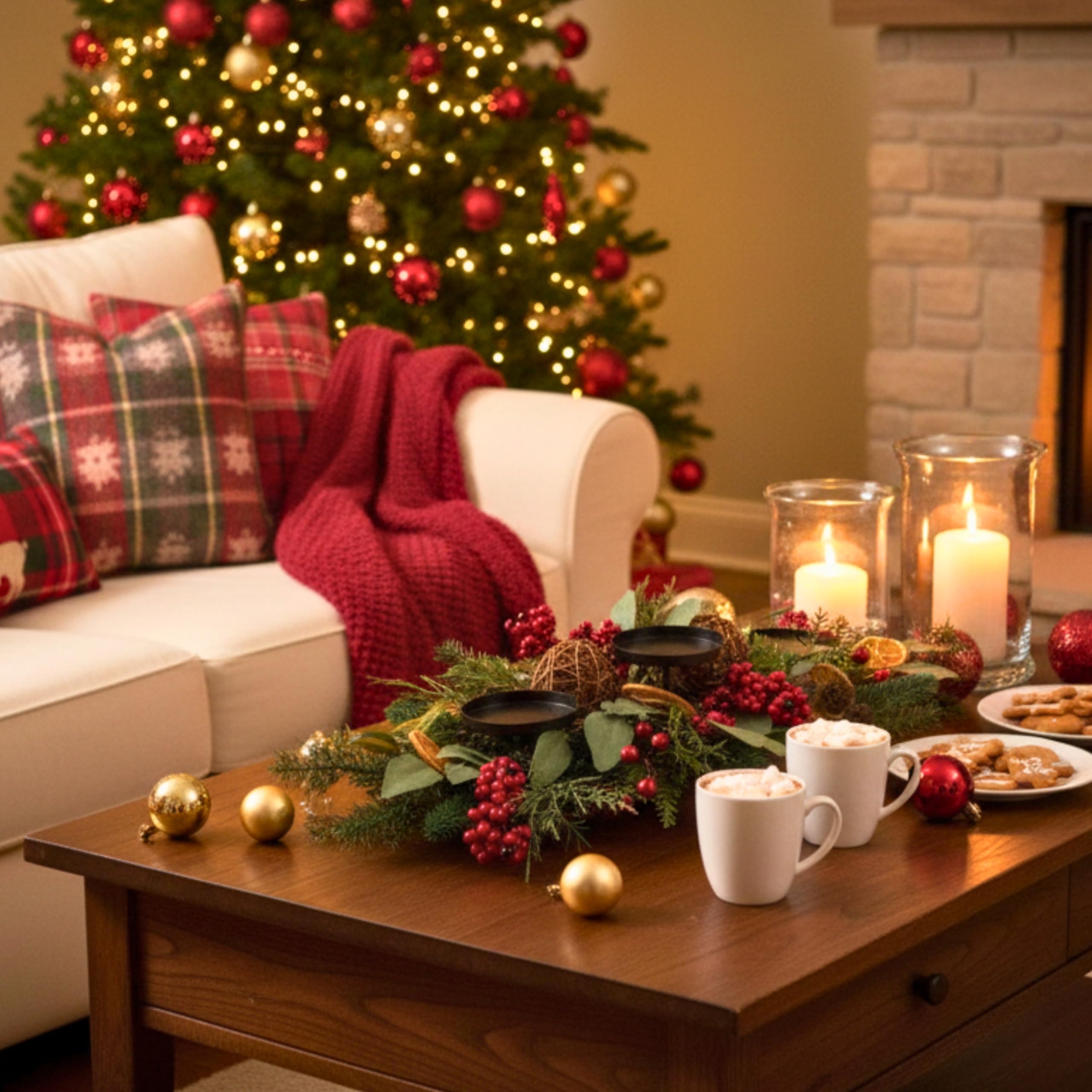 Décoration de Table de Noël avec Feuillage, Baie, Eucalyptus, tranches d'orange, Boules de rotin - Décoration Festive pour la Maison, la Salle à Manger, la cheminée - 66 cm