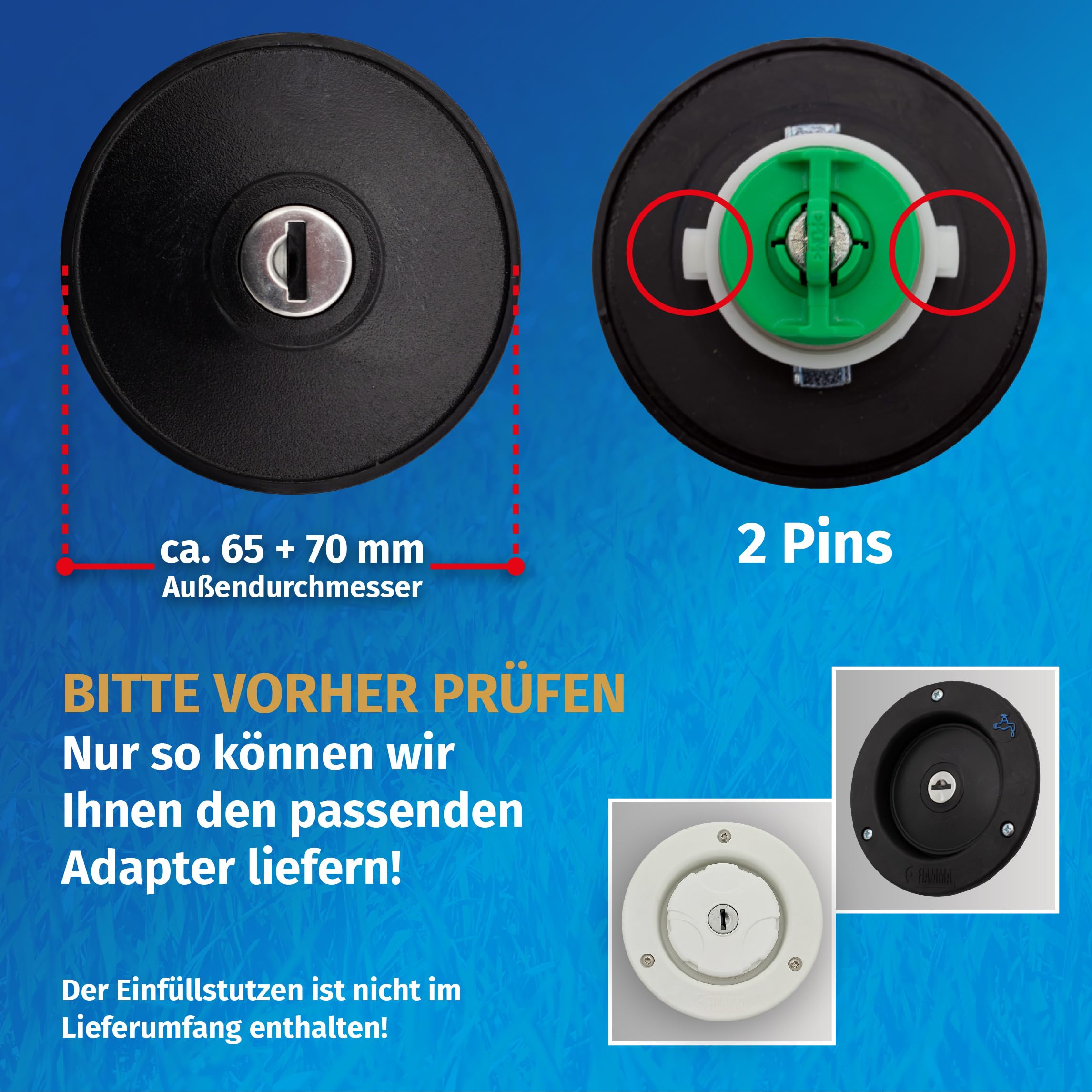 MaJoCompTec Adattatore per il serbatoio dell'acqua per camper e caravan, tappo per il serbatoio dell'acqua con doppio connettore Gardena (adattatore 2 pin, D: 65, ATTENZIONE: solo per FIAMMA)