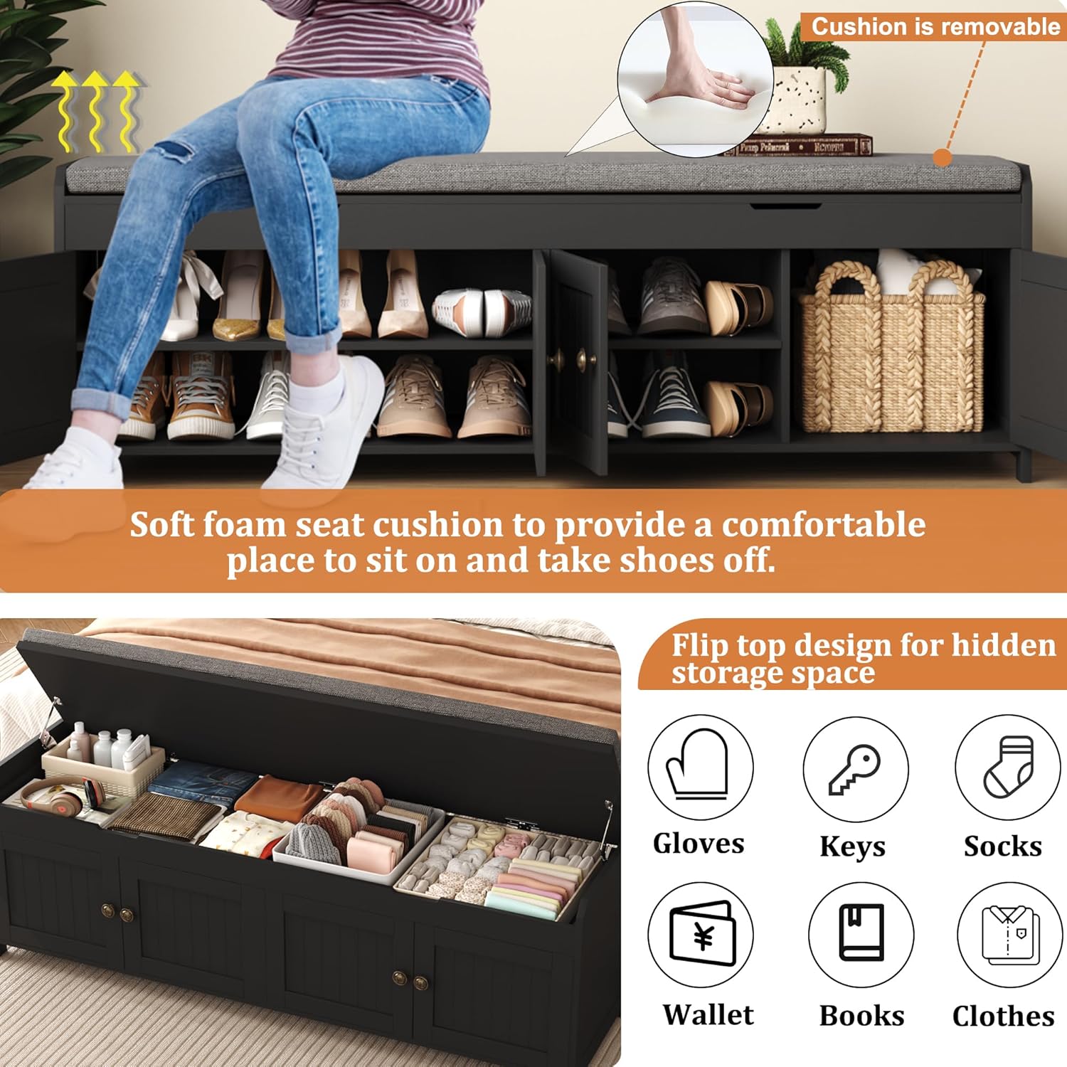 HOMEFORT 54.4" Shoe Bench with Lift Top Storage, Entryway Bench with Cushioned Seat, Wooden End of Bed Bench, Shoe Cabinet Bench with Hidden Storage Space, for Bedroom, Hallway,Black