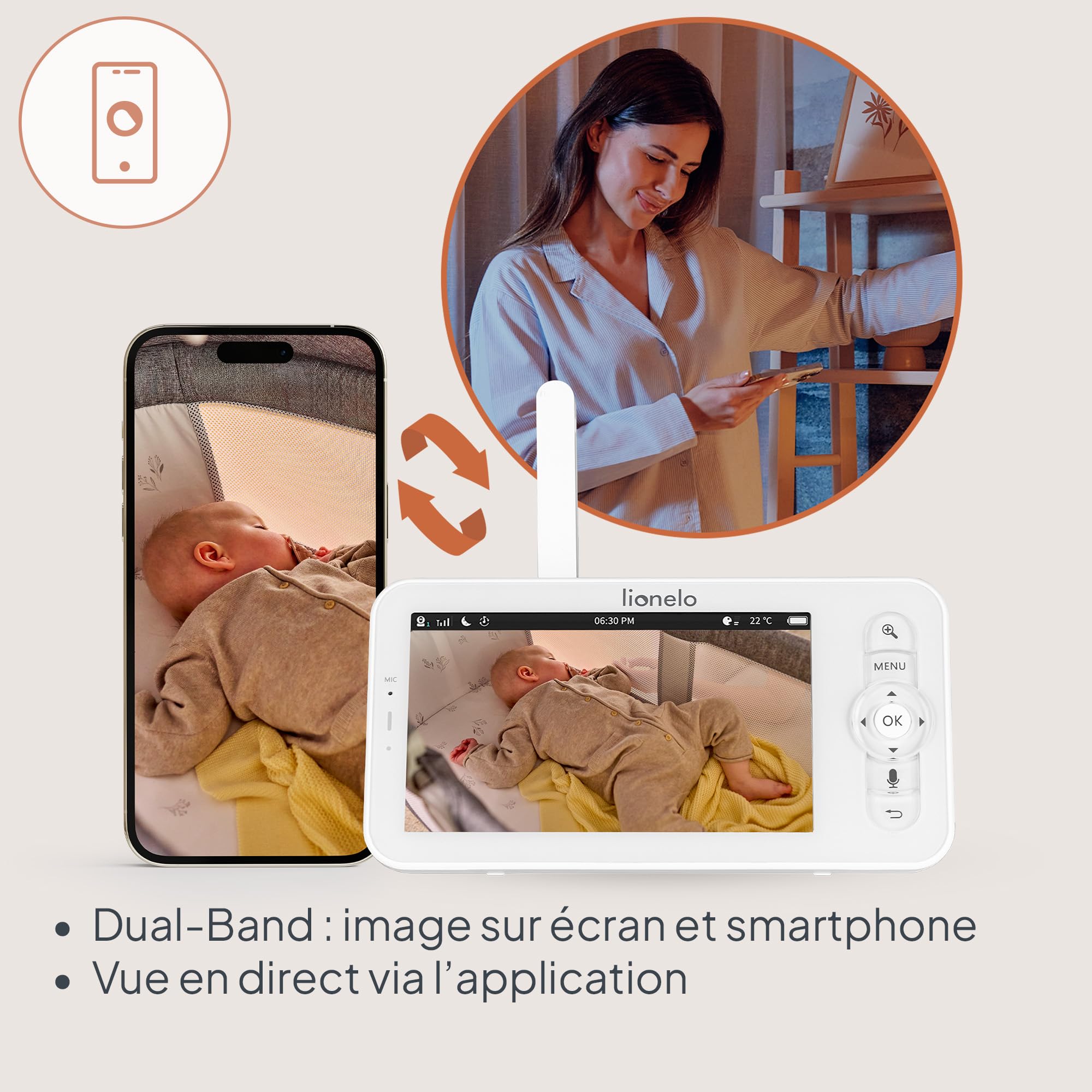 Lionelo Babyline 9.2 AI – Babyphone avec caméra 2K et Moniteur 5 ″, Wi-FI Double Bande, détection IA des vins et Couvre-Chef, Suivi des mouvements, capteur de température et d'humidité, Vision