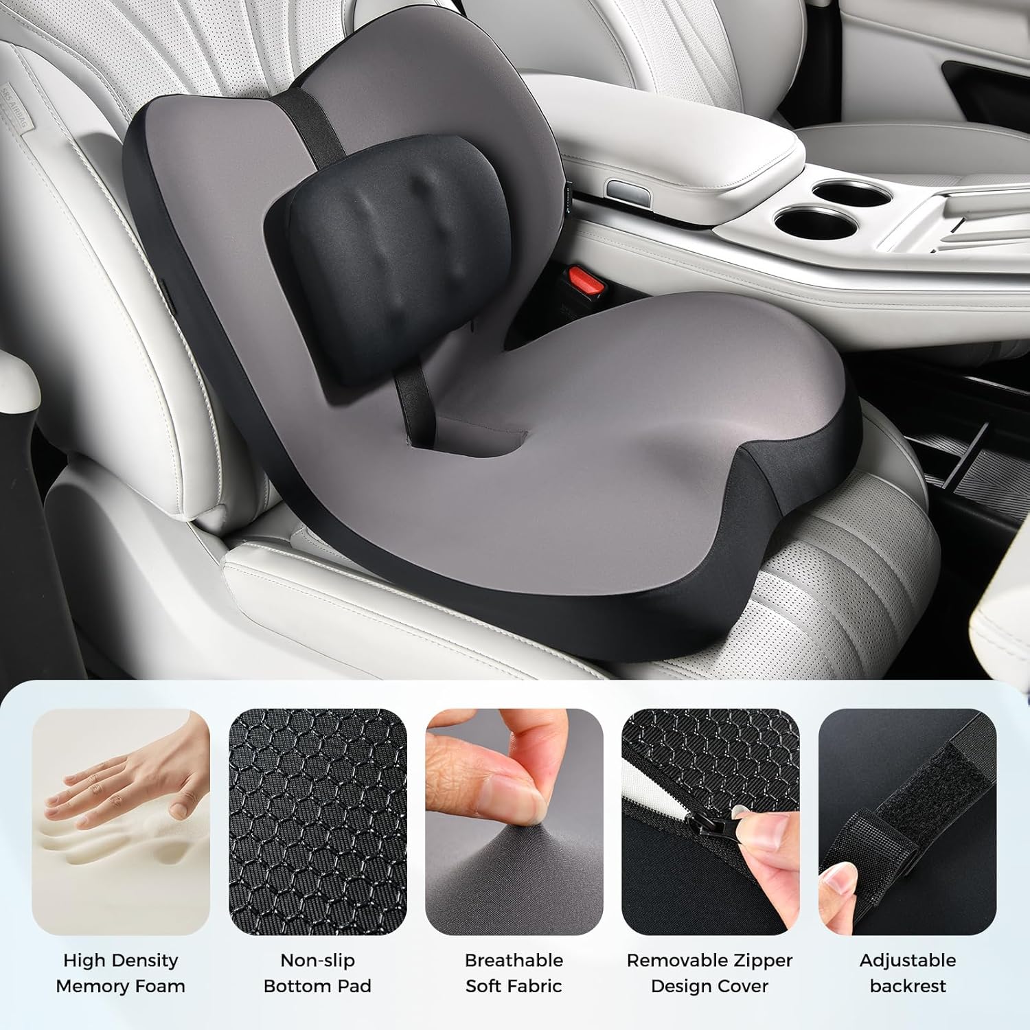 FLORICH 2 in1 Truck Seat Cushion and Lumbar Support Pillow Memory Foam Car Seat Cushion with Adjustable Strap for Truck Driver Long Drives, Fits Semi Truck Seat,Car,Office&Gaming Chair(Light Black)