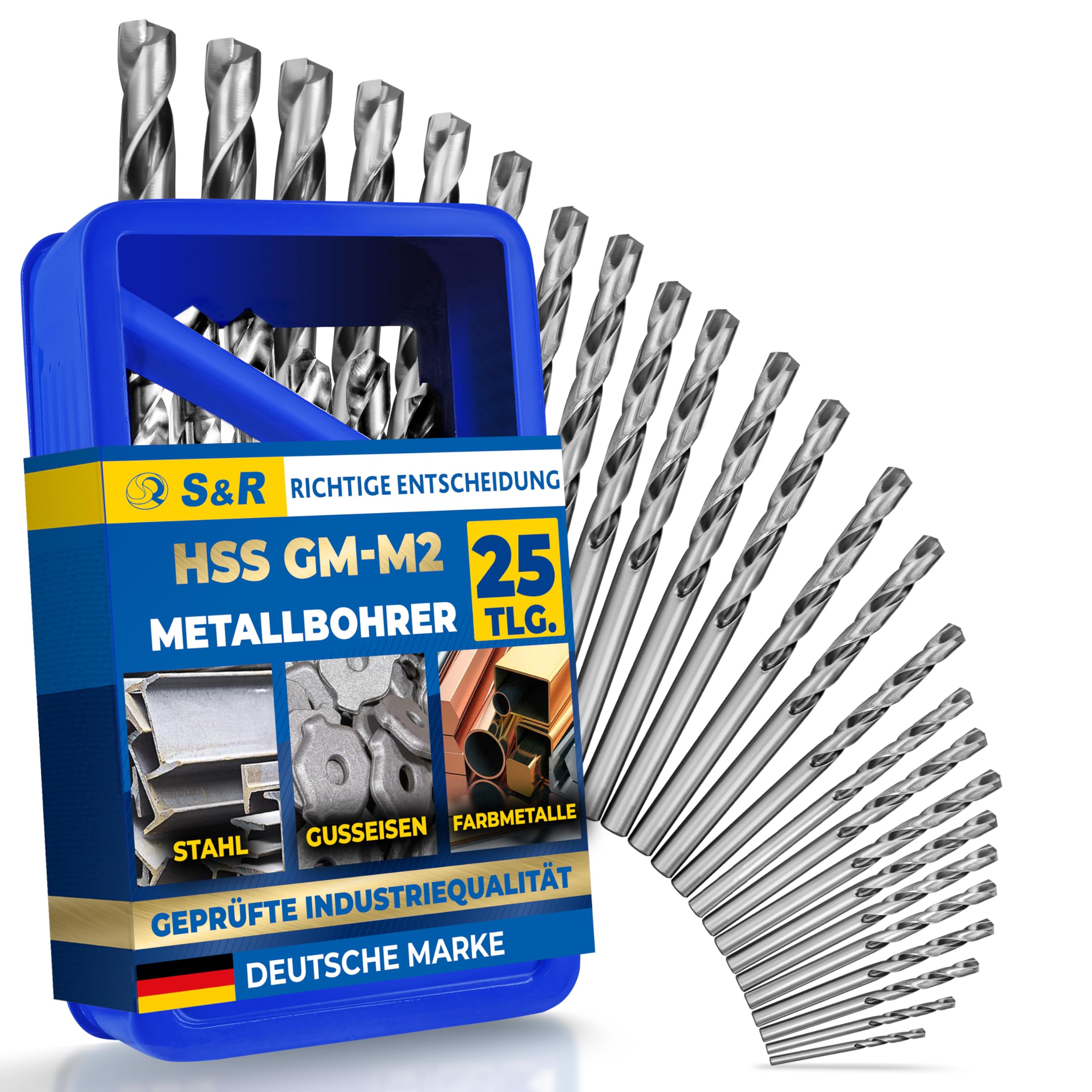 S&R Metallbohrer-Set HSS-G, Bohrerset 25-tlg, Hochleistungsbohrer für Metall, Stahl, Gusseisen, Größe 1-13 mm, konisch geschliffen 118 Grad, ideal für Hand- & Standbohrmaschinen, in Metallbox