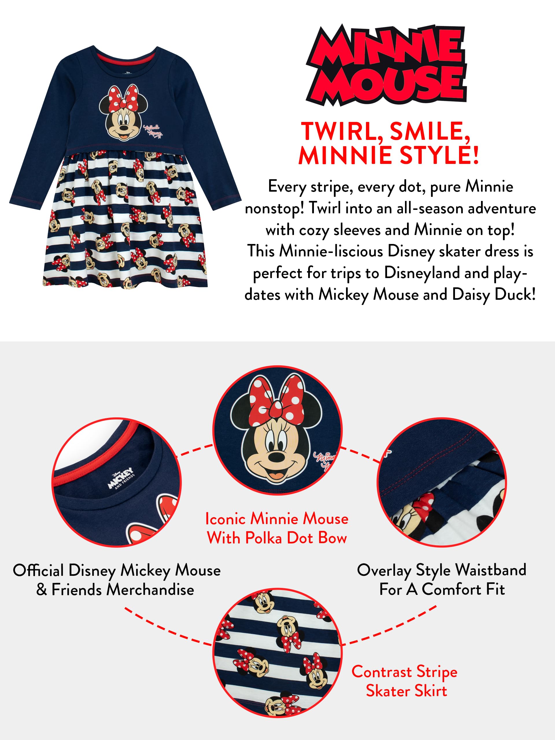 Sukienka Disney Myszka Minnie | Sukienka Myszka Minnie Dla Dziewczynek | Dziewczęca sukienka z długim rękawem | Wiek od 18 miesięcy do 8 lat