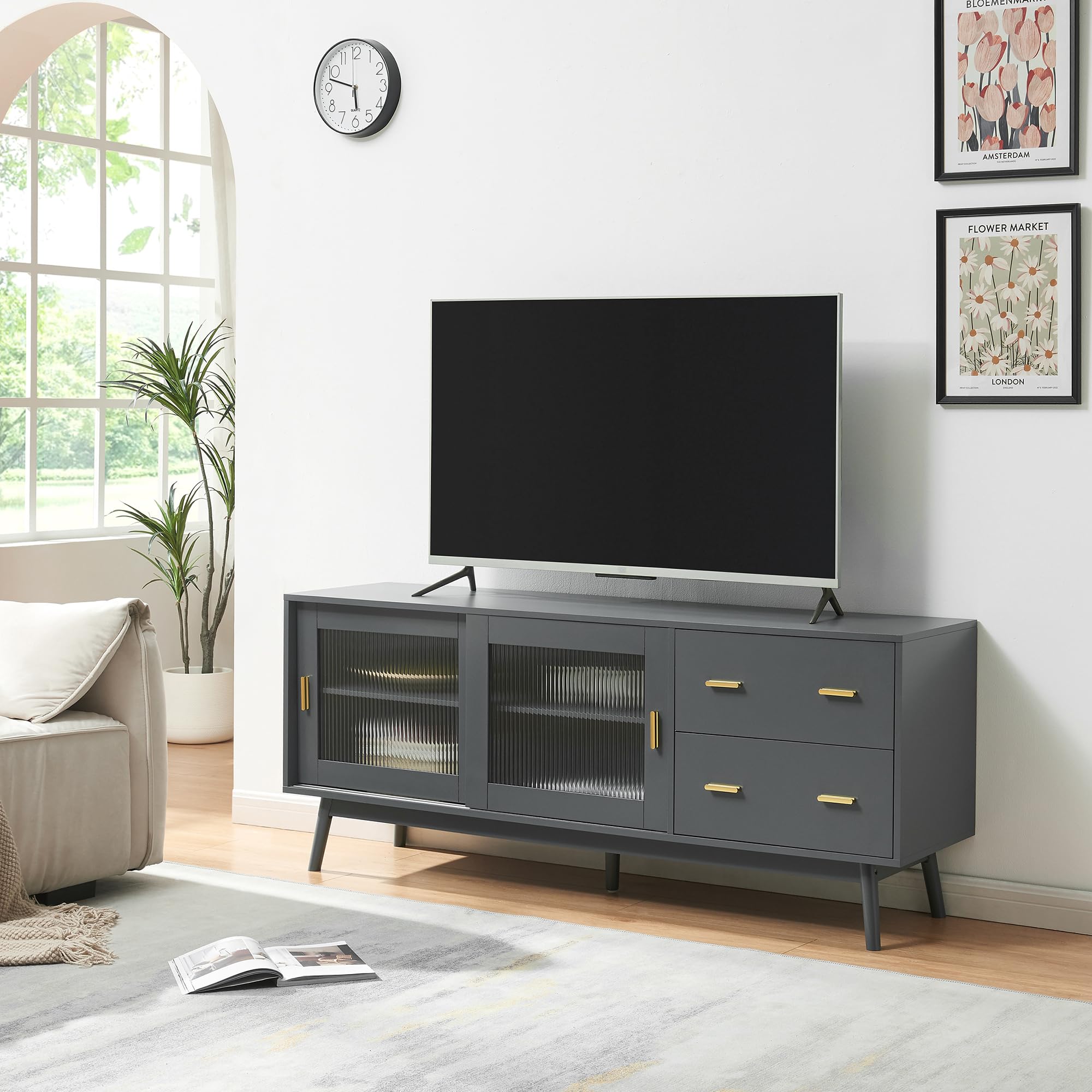 [en.casa] Mueble de TV Susa con 2 Puertas Corredoras de Vidrio y 2 Cajones Mesa de TV Mueble de Salón con Tablero Rectangular MDF Patas de Pino 160 x 40 x 65 cm - Gris