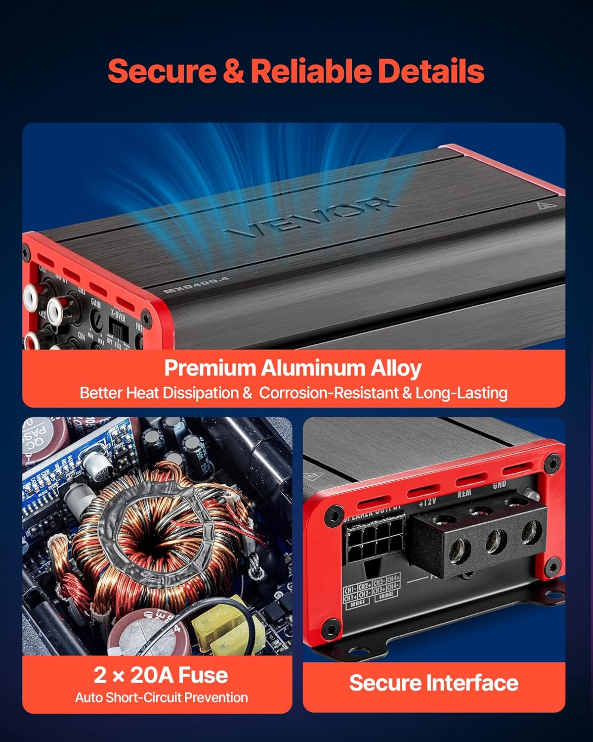 VEVOR 4 Channel Car Audio Amplifier 2 Ohm Stable Bridgeable Class D Full Range Amp Max Power 4 x 272W @ 4 Ohm / 4 x 400W @ 2 Ohm for Car SUV Truck Off-Road