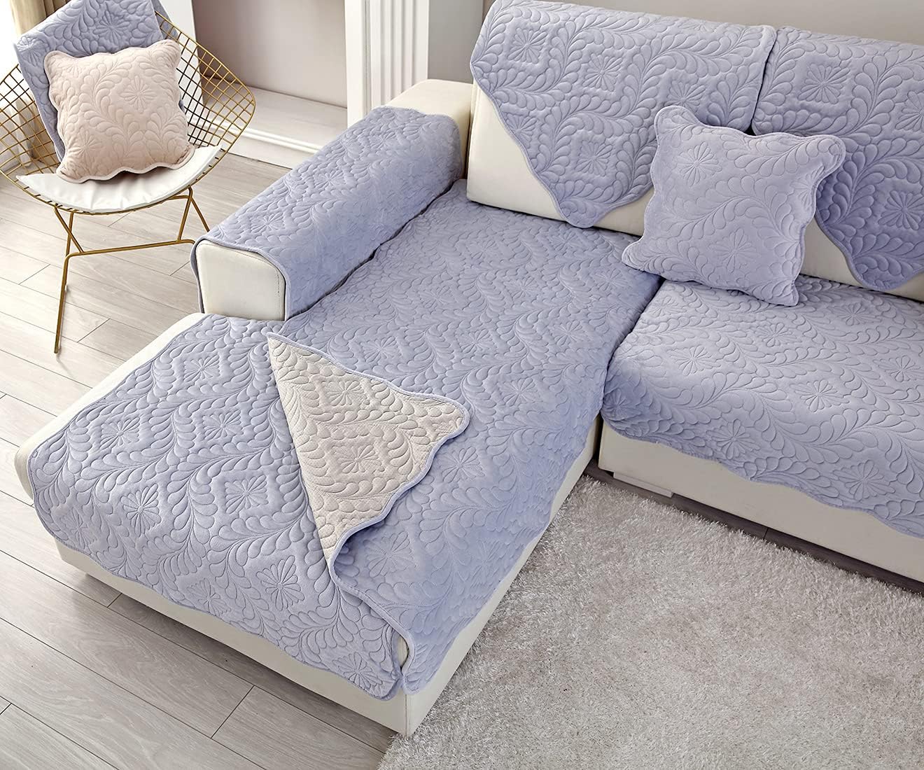 vctops Velvet Quilted Couch Sofa Cover, Soft Sectional Couch Covers, Non-Slip Sofa Slipcover for Dogs Cats Pet Love Seat Recliner Leather L Shaped, Armrest Backrest Cover (Greyish Purple,43"x82")